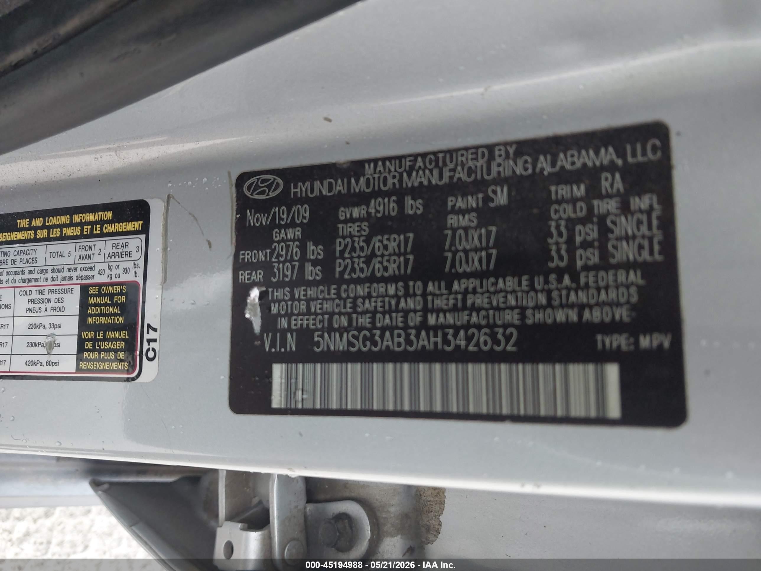 2010 Hyundai Santa Fe Gls Silver vin: 5NMSG3AB3AH342632