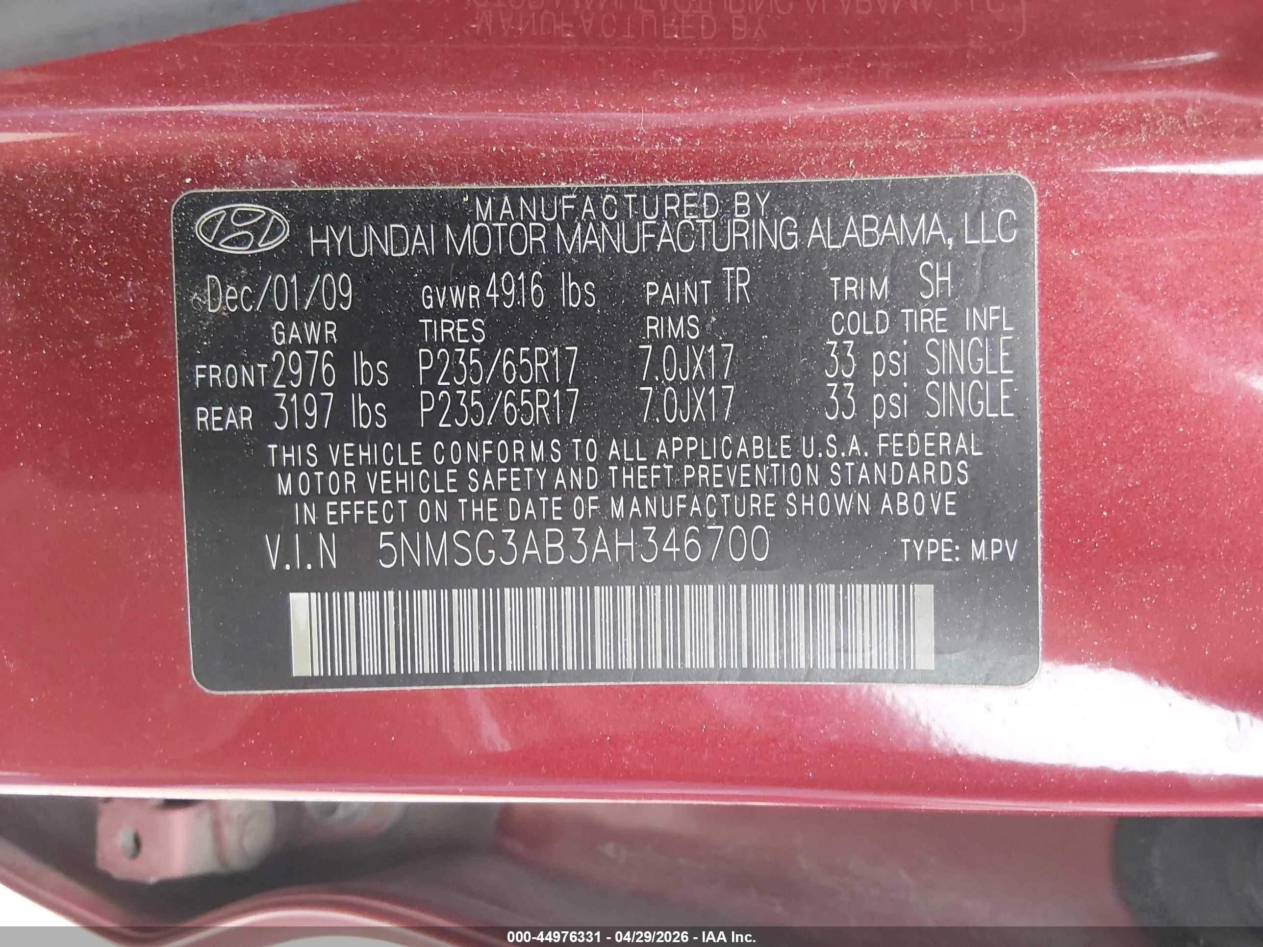 2010 Hyundai Santa Fe Gls Red vin: 5NMSG3AB3AH346700
