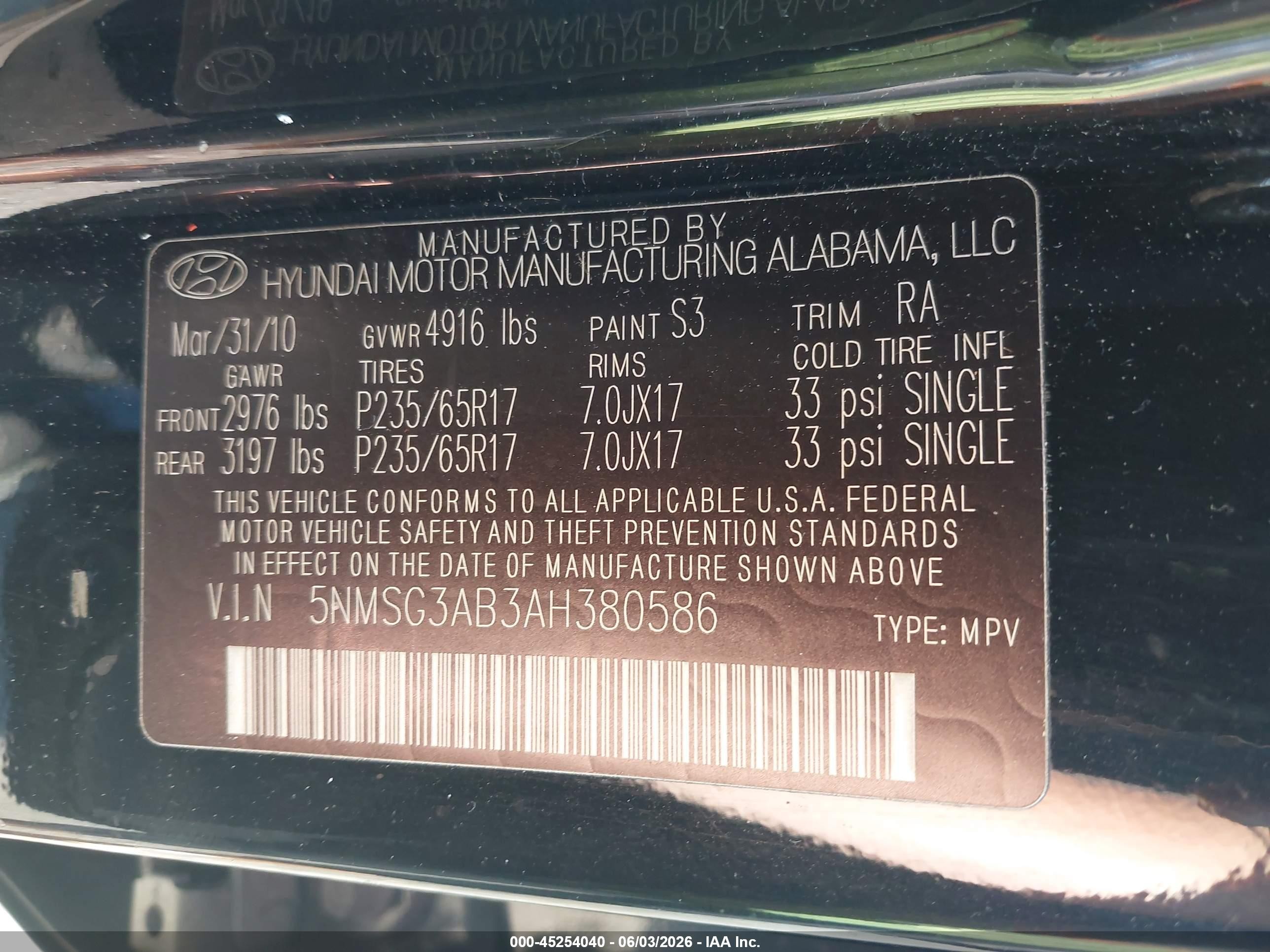 2010 Hyundai Santa Fe Gls Black vin: 5NMSG3AB3AH380586