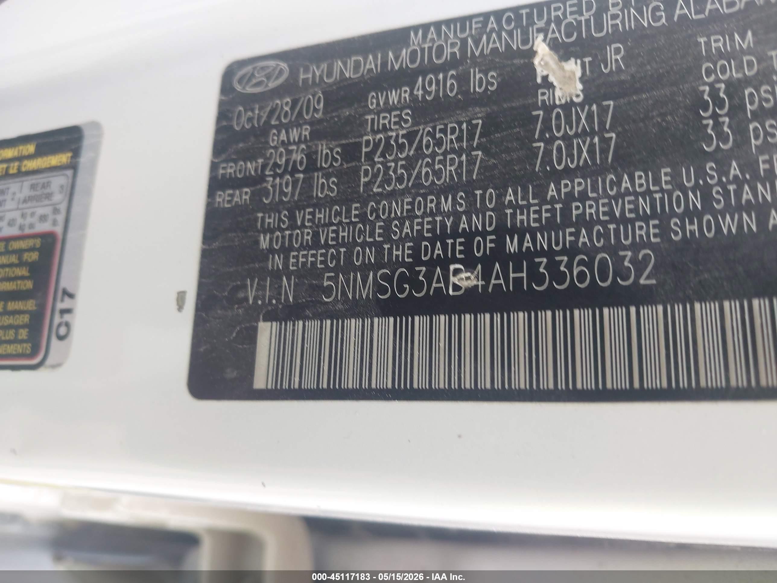 2010 Hyundai Santa Fe Gls White vin: 5NMSG3AB4AH336032
