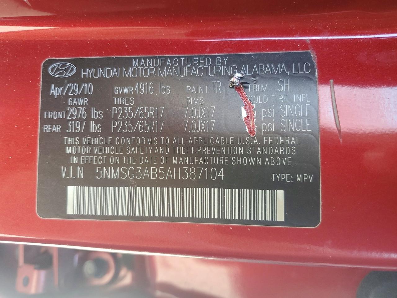 2010 Hyundai Santa Fe Gls Red vin: 5NMSG3AB5AH387104