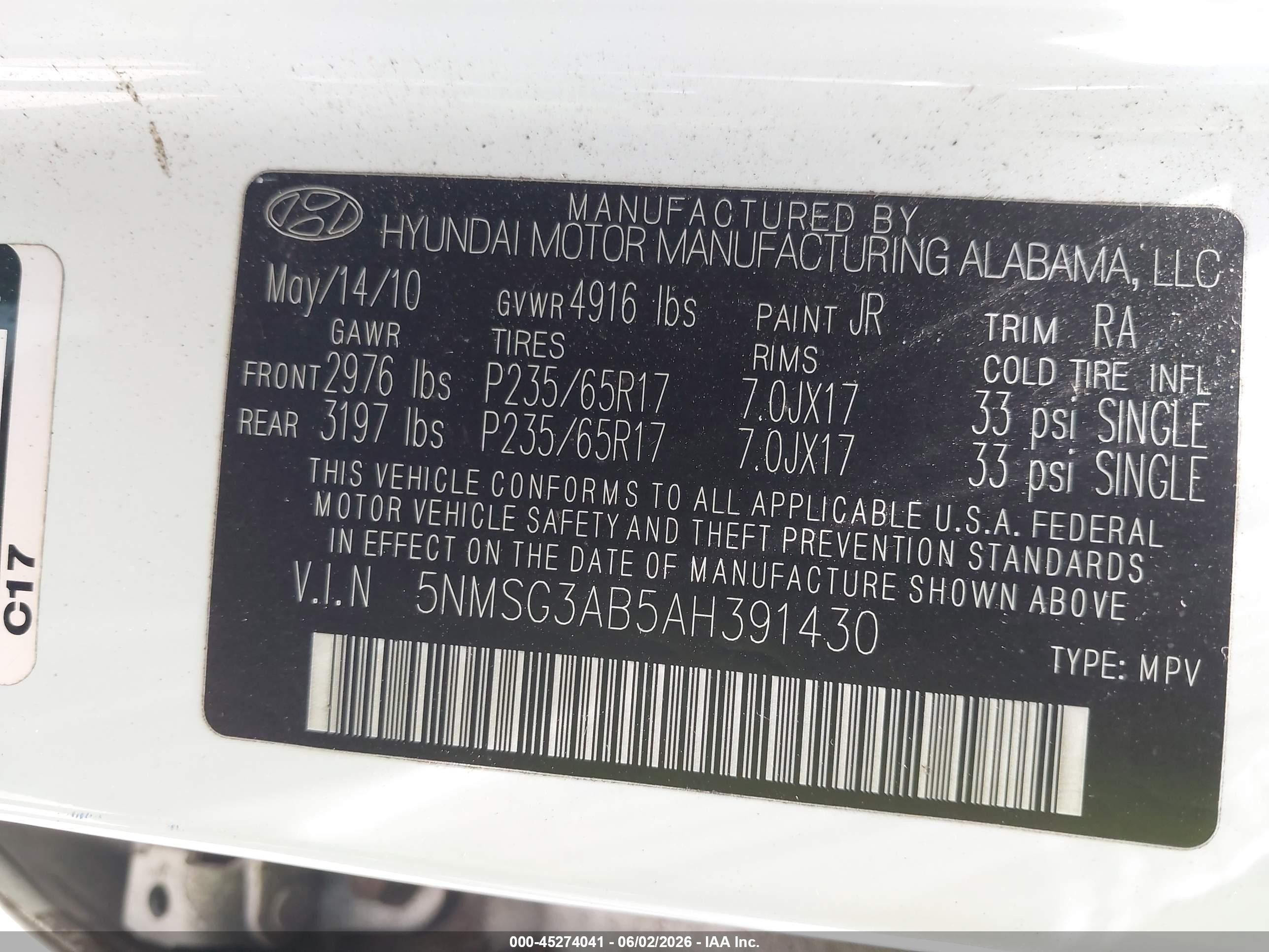 2010 Hyundai Santa Fe Gls White vin: 5NMSG3AB5AH391430