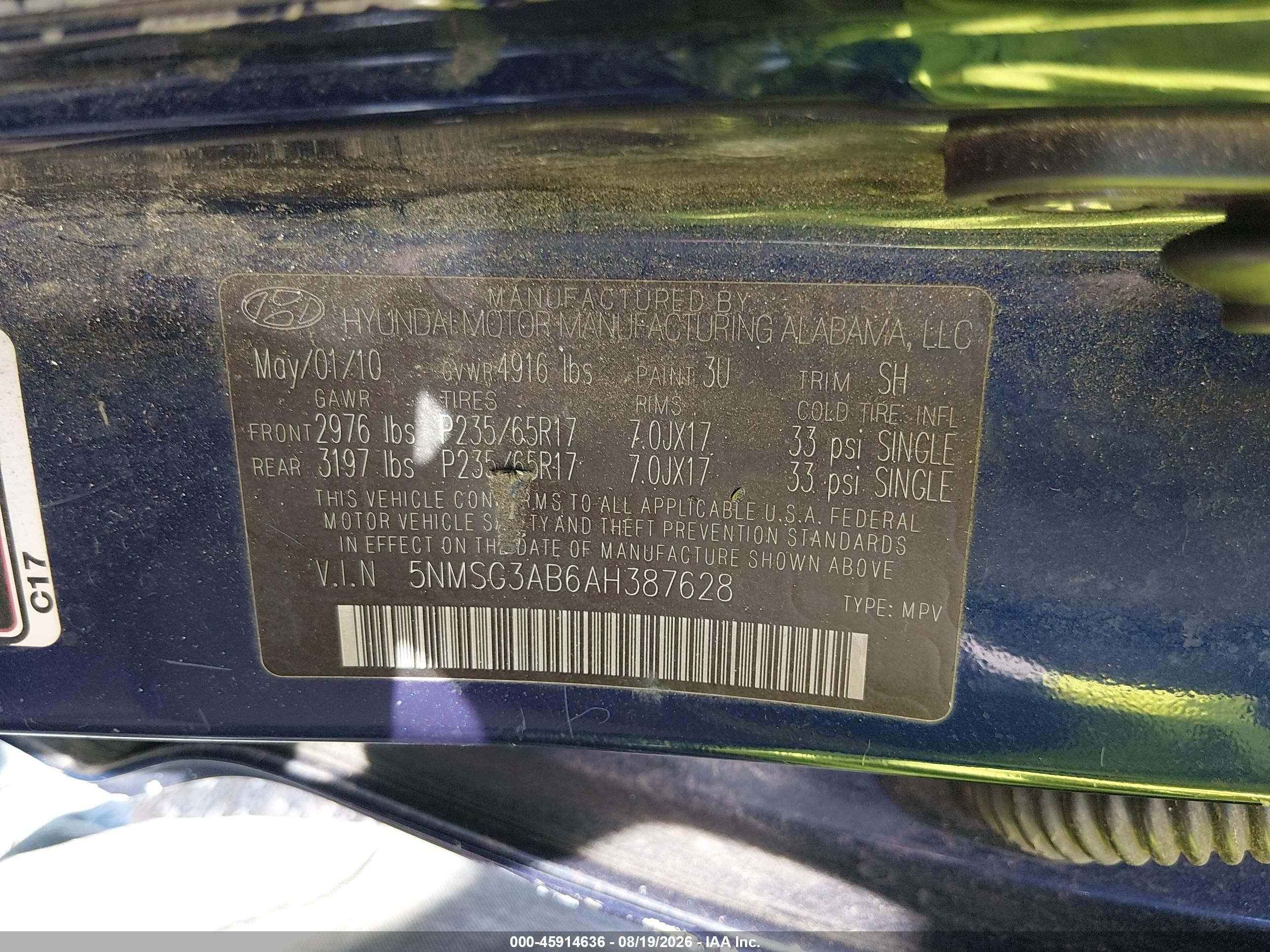 2010 Hyundai Santa Fe Gls Blue vin: 5NMSG3AB6AH387628