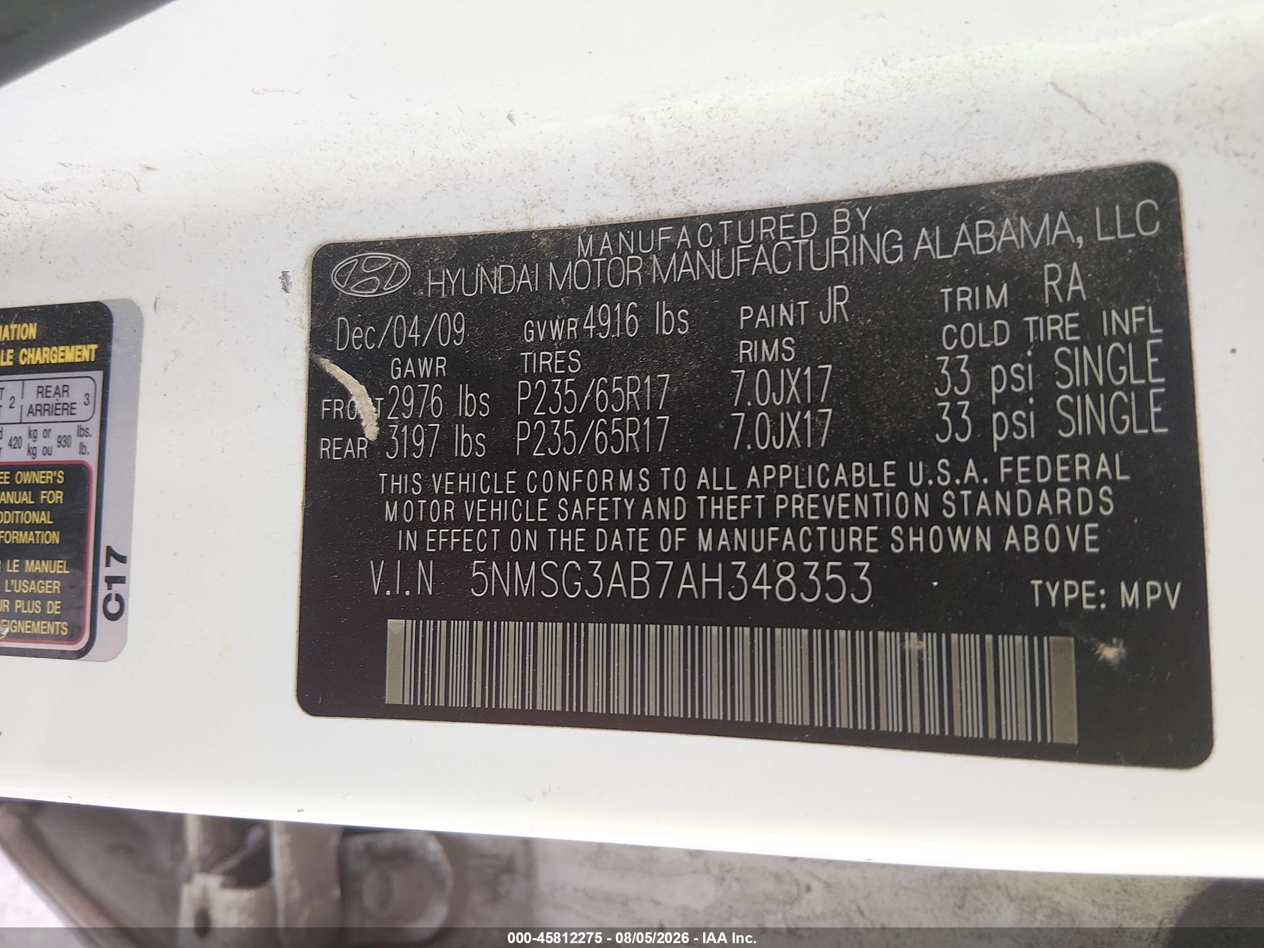 2010 Hyundai Santa Fe Gls White vin: 5NMSG3AB7AH348353