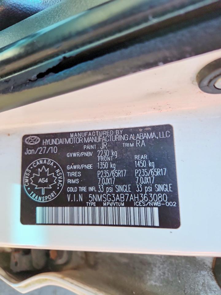 2010 Hyundai Santa Fe Gls White vin: 5NMSG3AB7AH363080