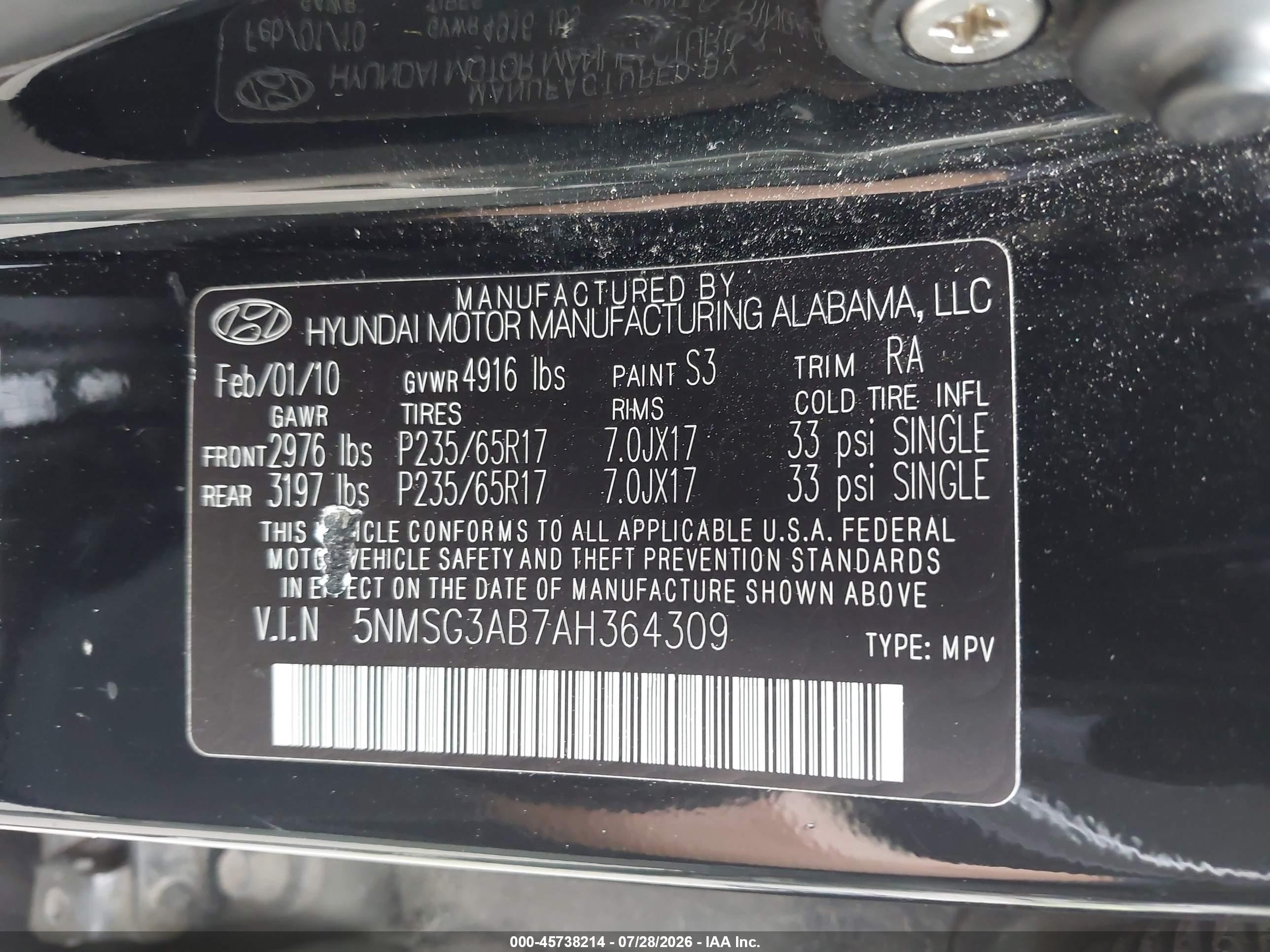 2010 Hyundai Santa Fe Gls Black vin: 5NMSG3AB7AH364309