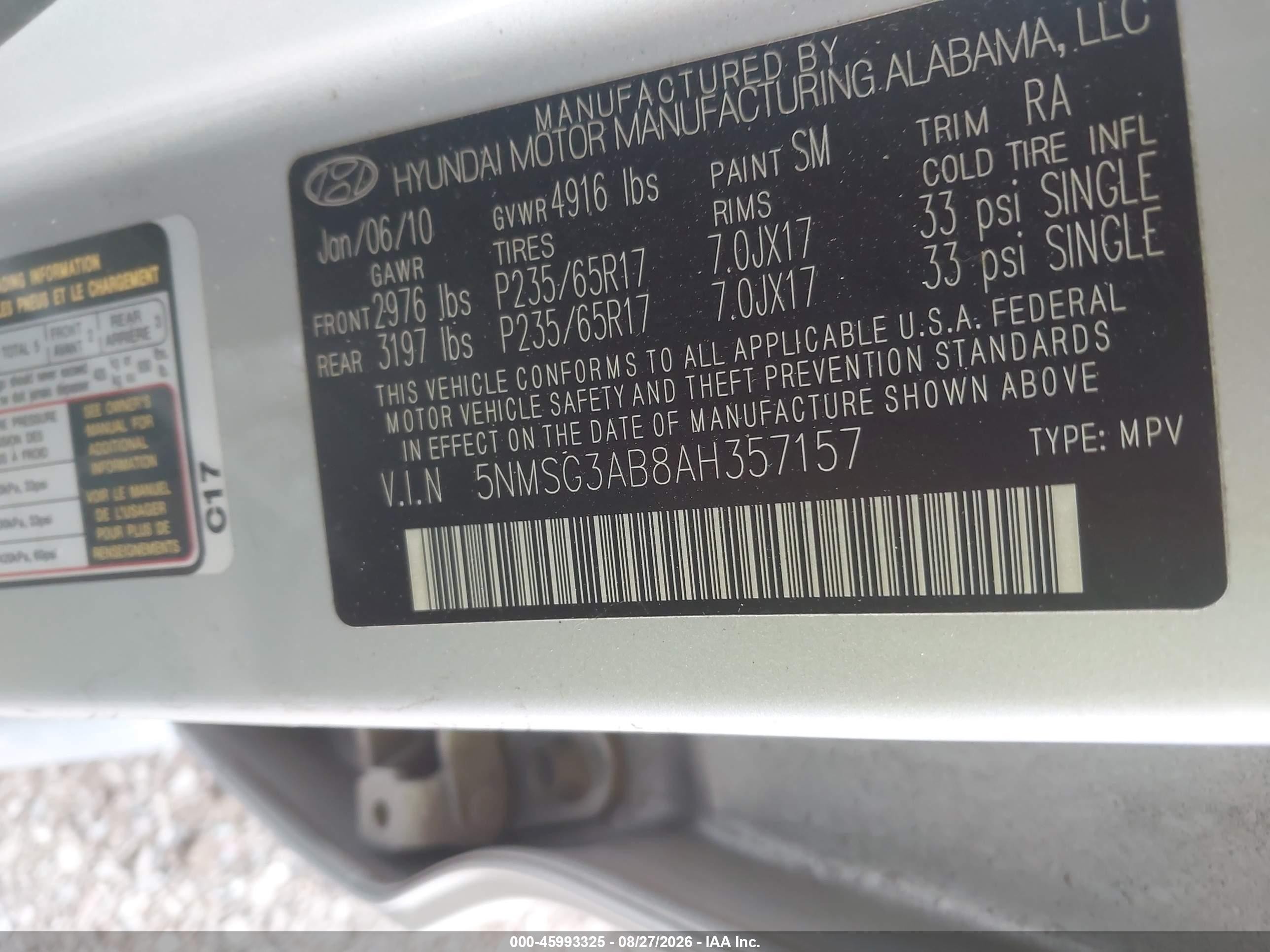 2010 Hyundai Santa Fe Gls Gray vin: 5NMSG3AB8AH357157