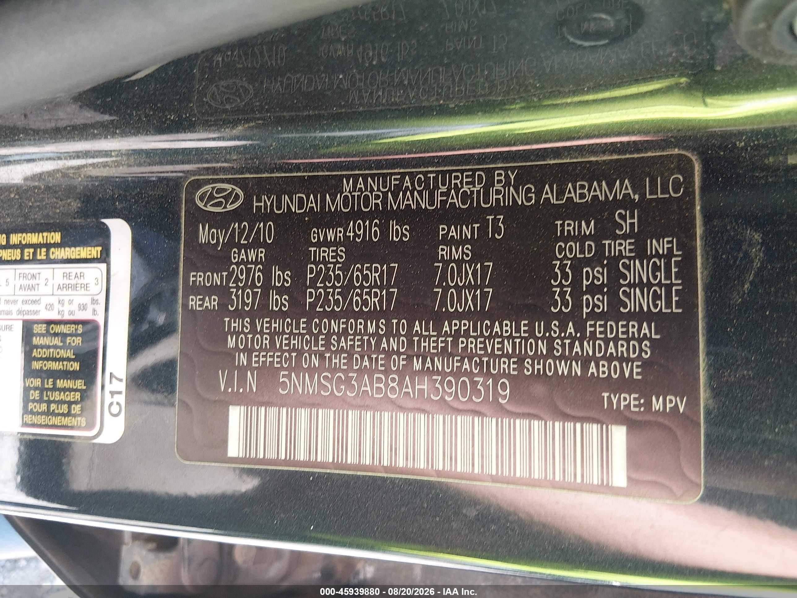 2010 Hyundai Santa Fe Gls Black vin: 5NMSG3AB8AH390319