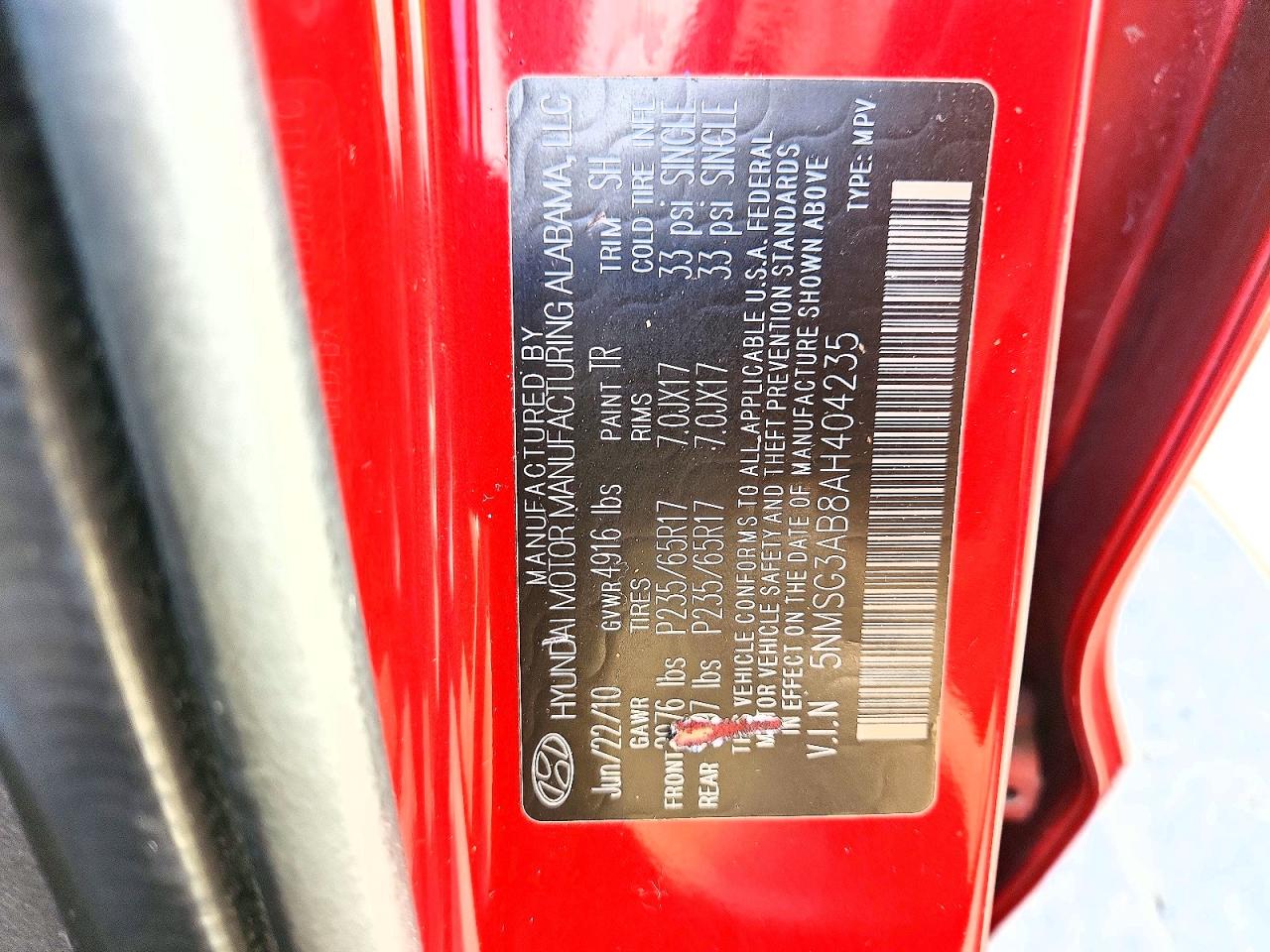 2010 Hyundai Santa Fe Gls Red vin: 5NMSG3AB8AH404235