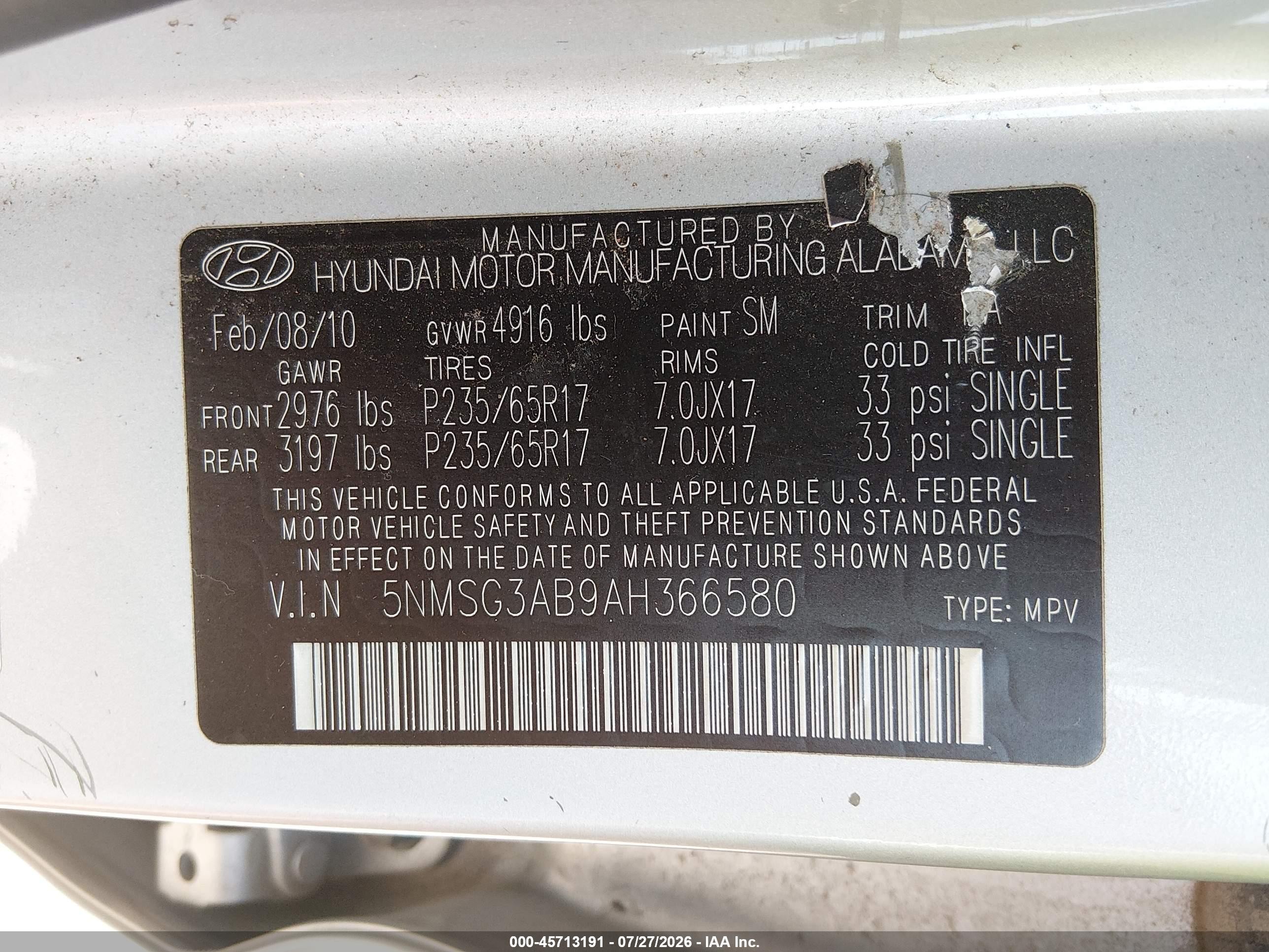 2010 Hyundai Santa Fe Gls Silver vin: 5NMSG3AB9AH366580