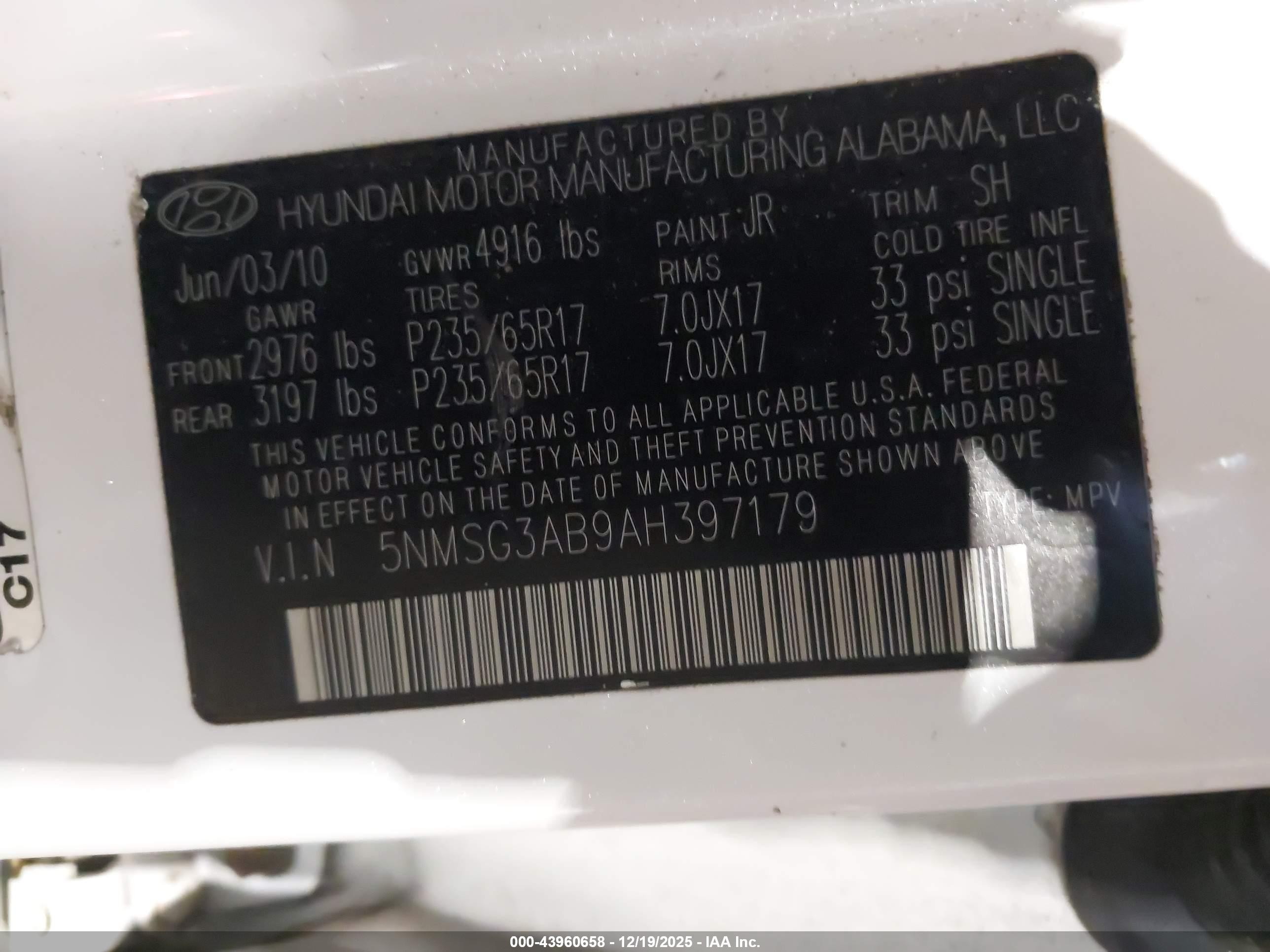 2010 Hyundai Santa Fe Gls White vin: 5NMSG3AB9AH397179