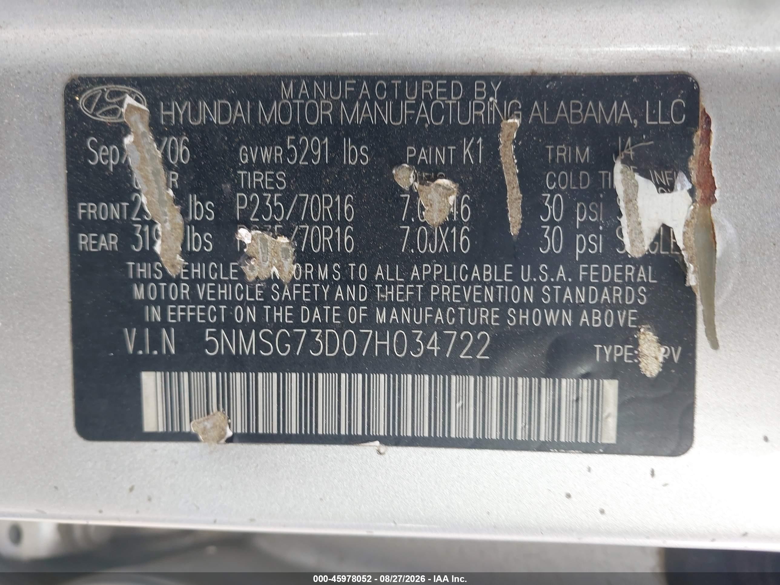 2007 Hyundai Santa Fe Gls Silver vin: 5NMSG73D07H034722