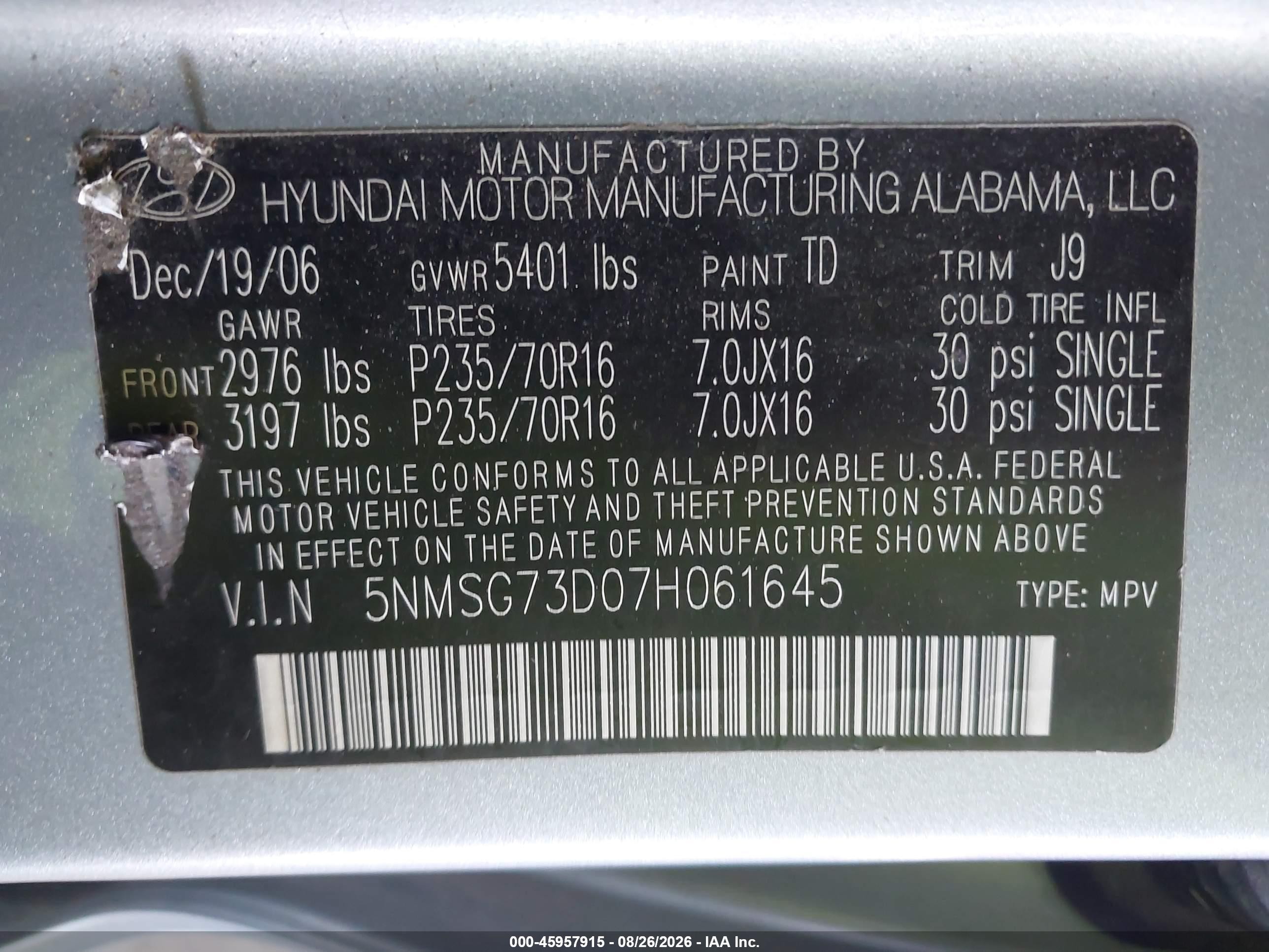 2007 Hyundai Santa Fe Gls Light Blue vin: 5NMSG73D07H061645