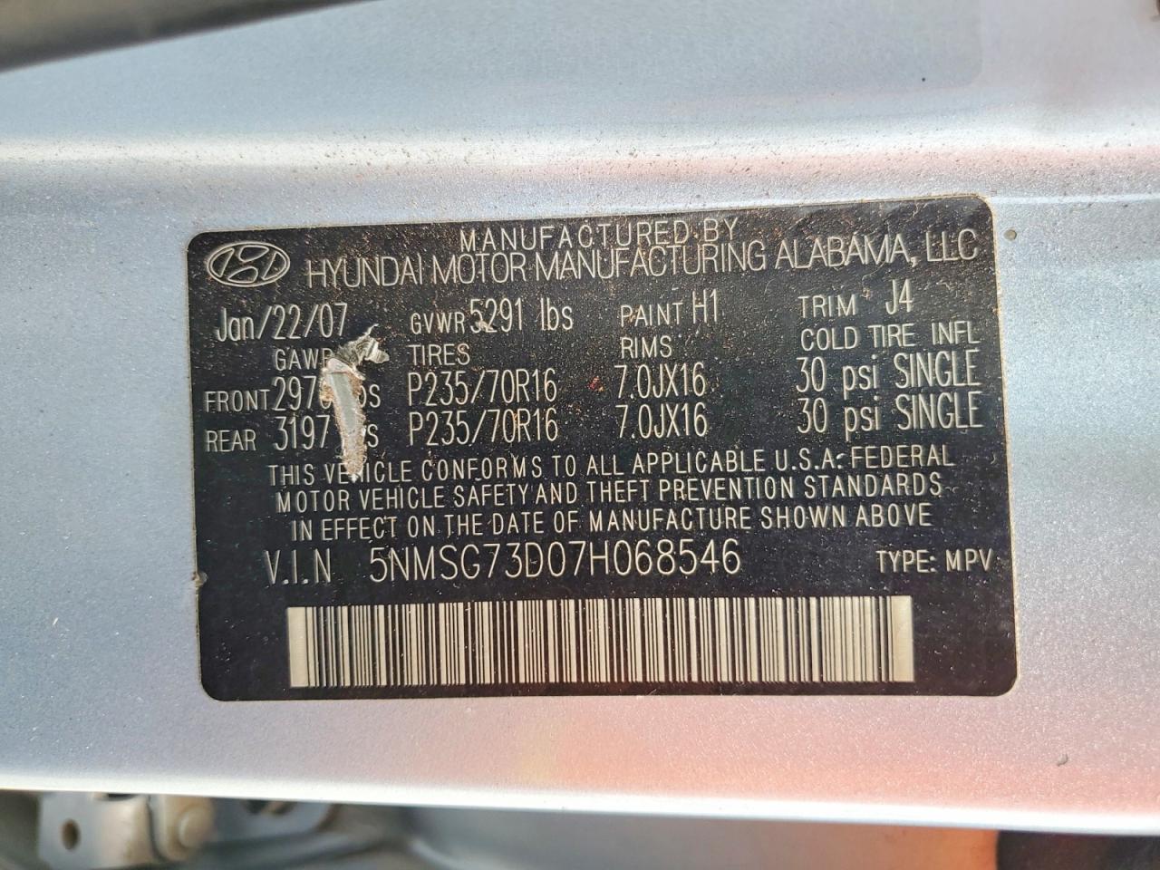 2007 Hyundai Santa Fe Gls Blue vin: 5NMSG73D07H068546