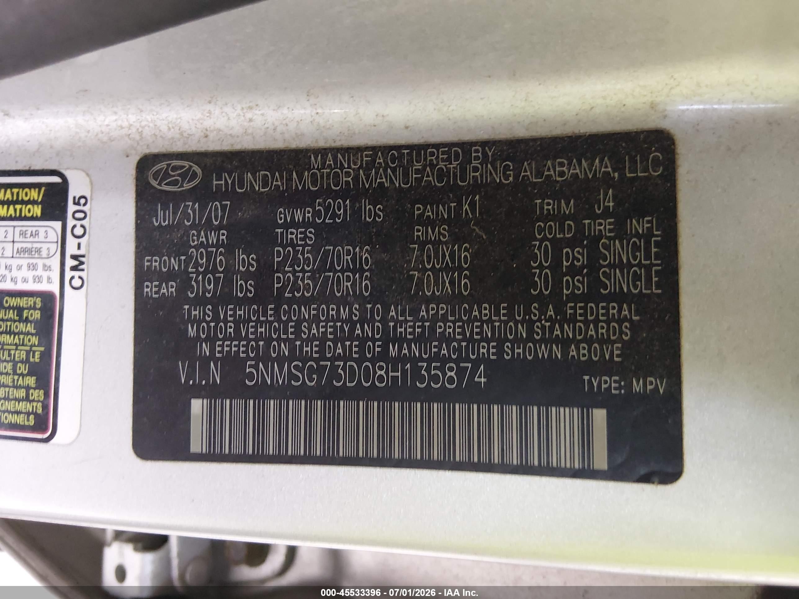2008 Hyundai Santa Fe Gls Silver vin: 5NMSG73D08H135874