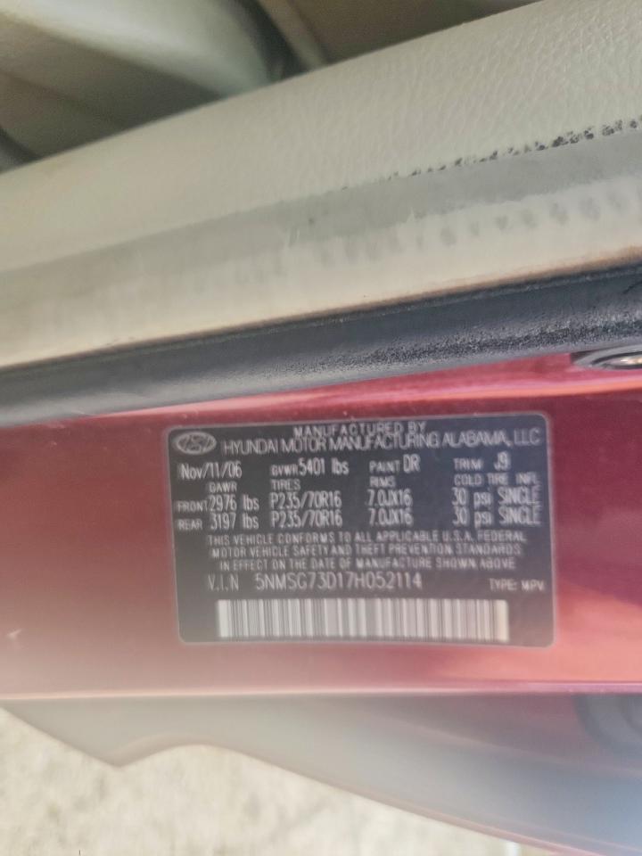 2007 Hyundai Santa Fe Gls Burgundy vin: 5NMSG73D17H052114
