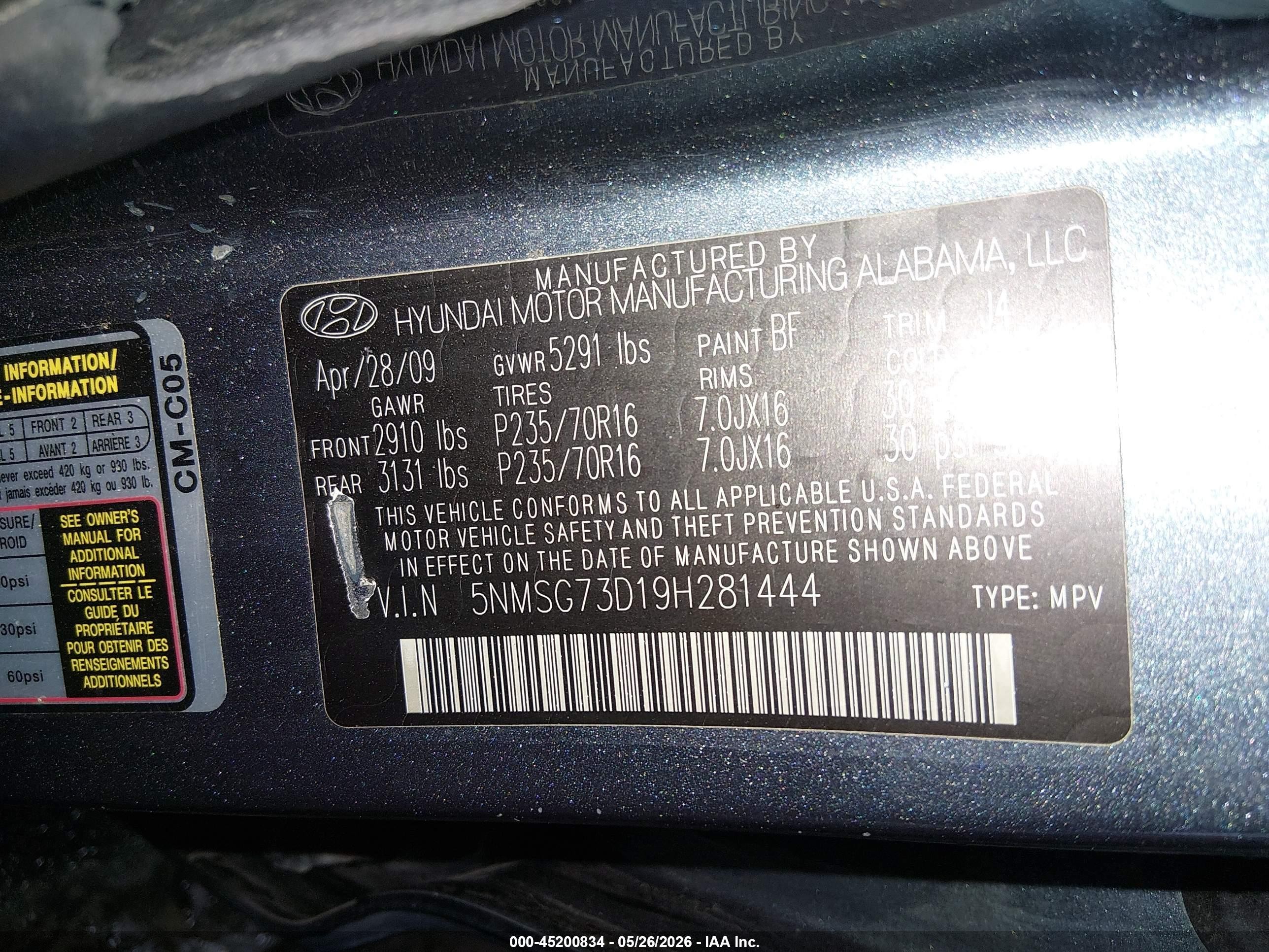 2009 Hyundai Santa Fe Gls Blue vin: 5NMSG73D19H281444