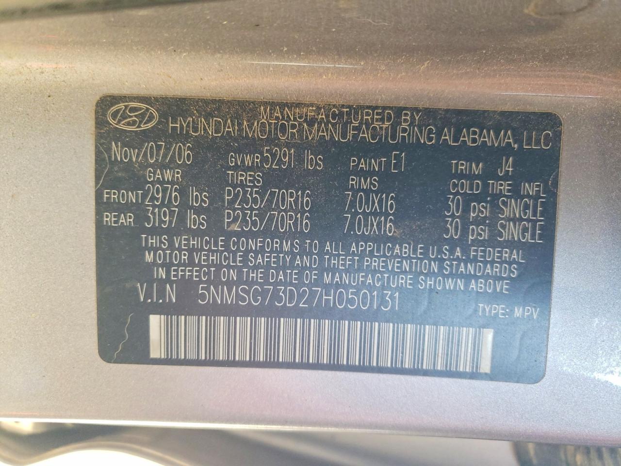 2007 Hyundai Santa Fe Gls Silver vin: 5NMSG73D27H050131