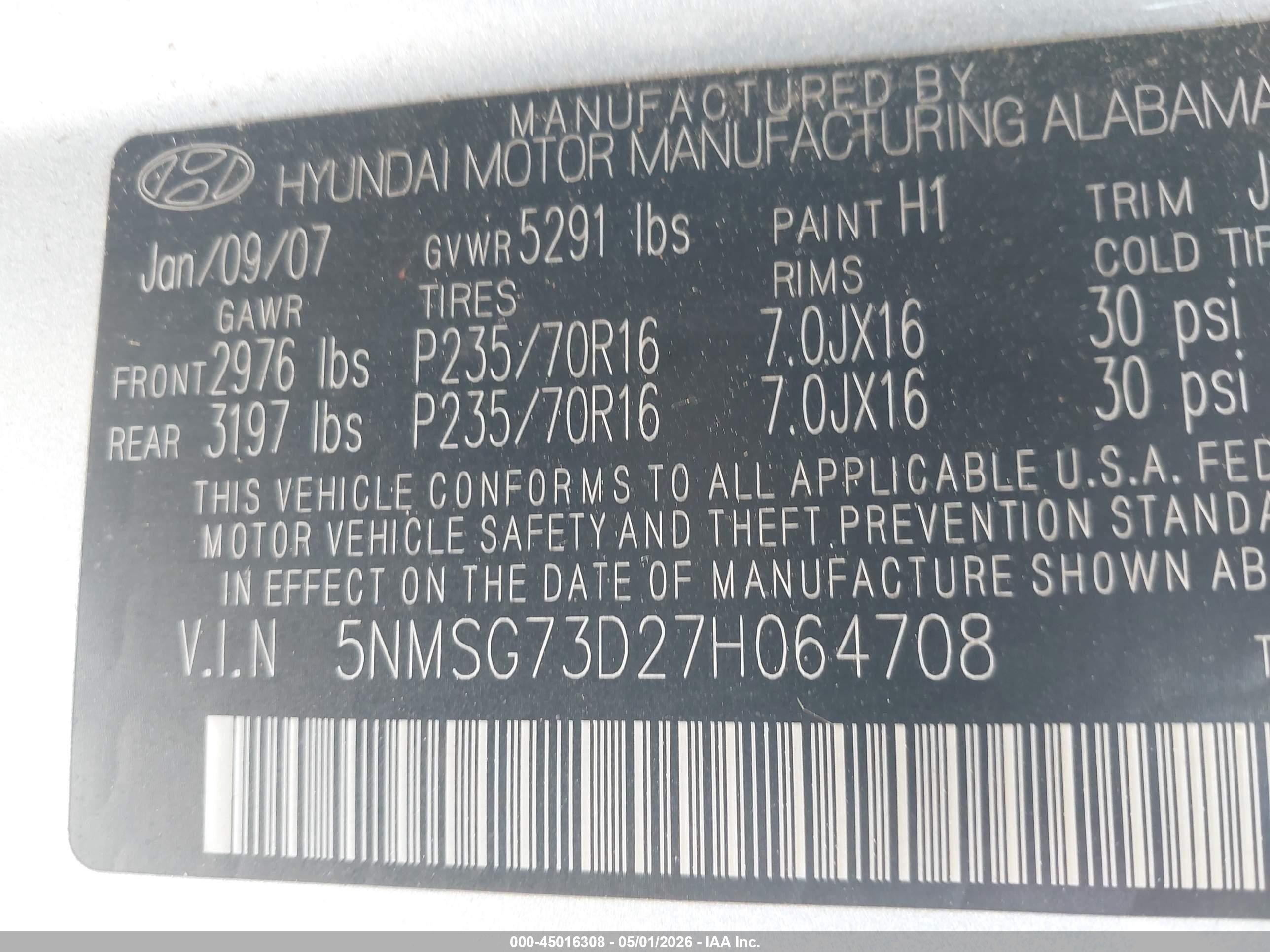 2007 Hyundai Santa Fe Gls Blue vin: 5NMSG73D27H064708