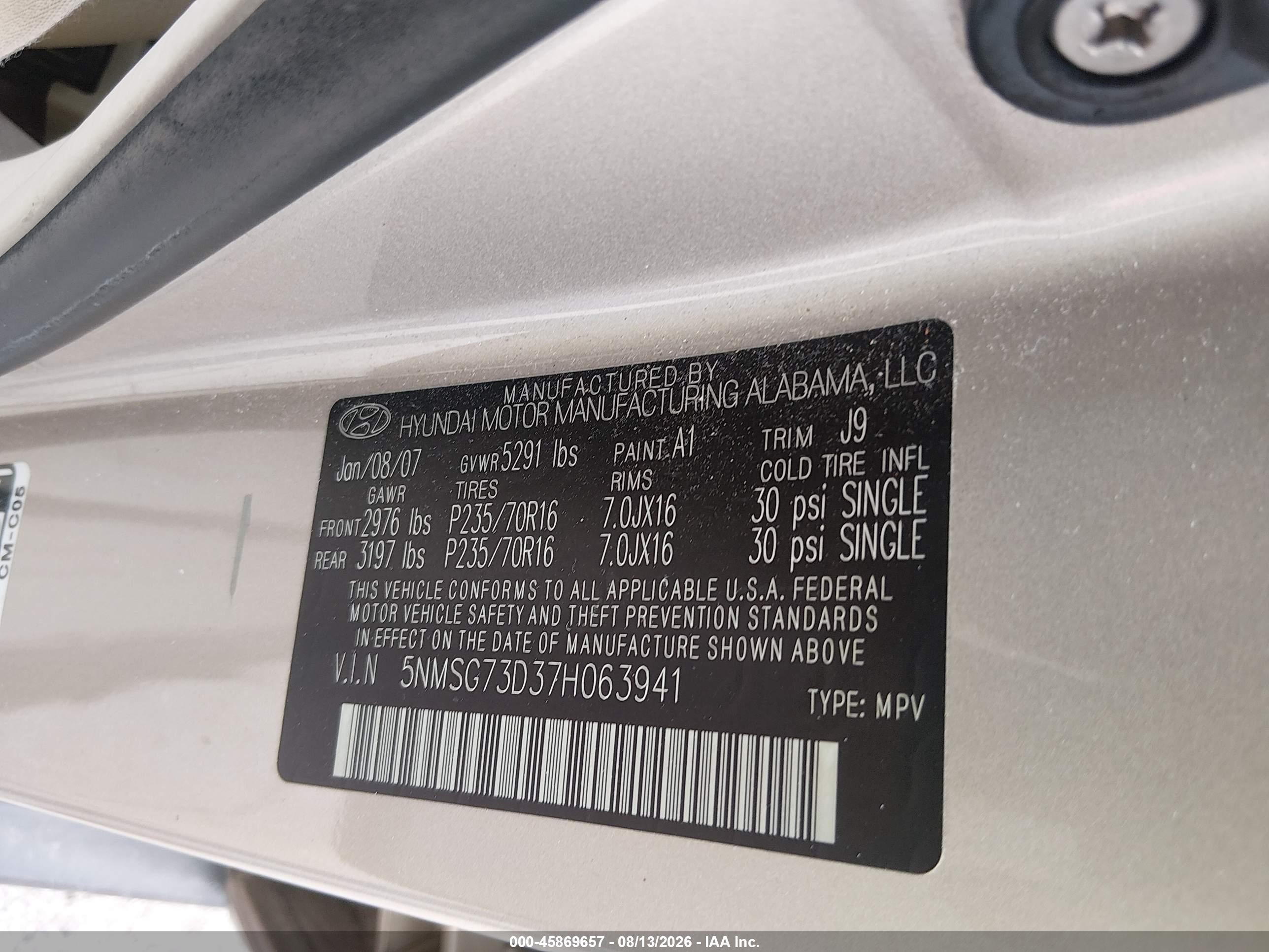 2007 Hyundai Santa Fe Gls Gold vin: 5NMSG73D37H063941