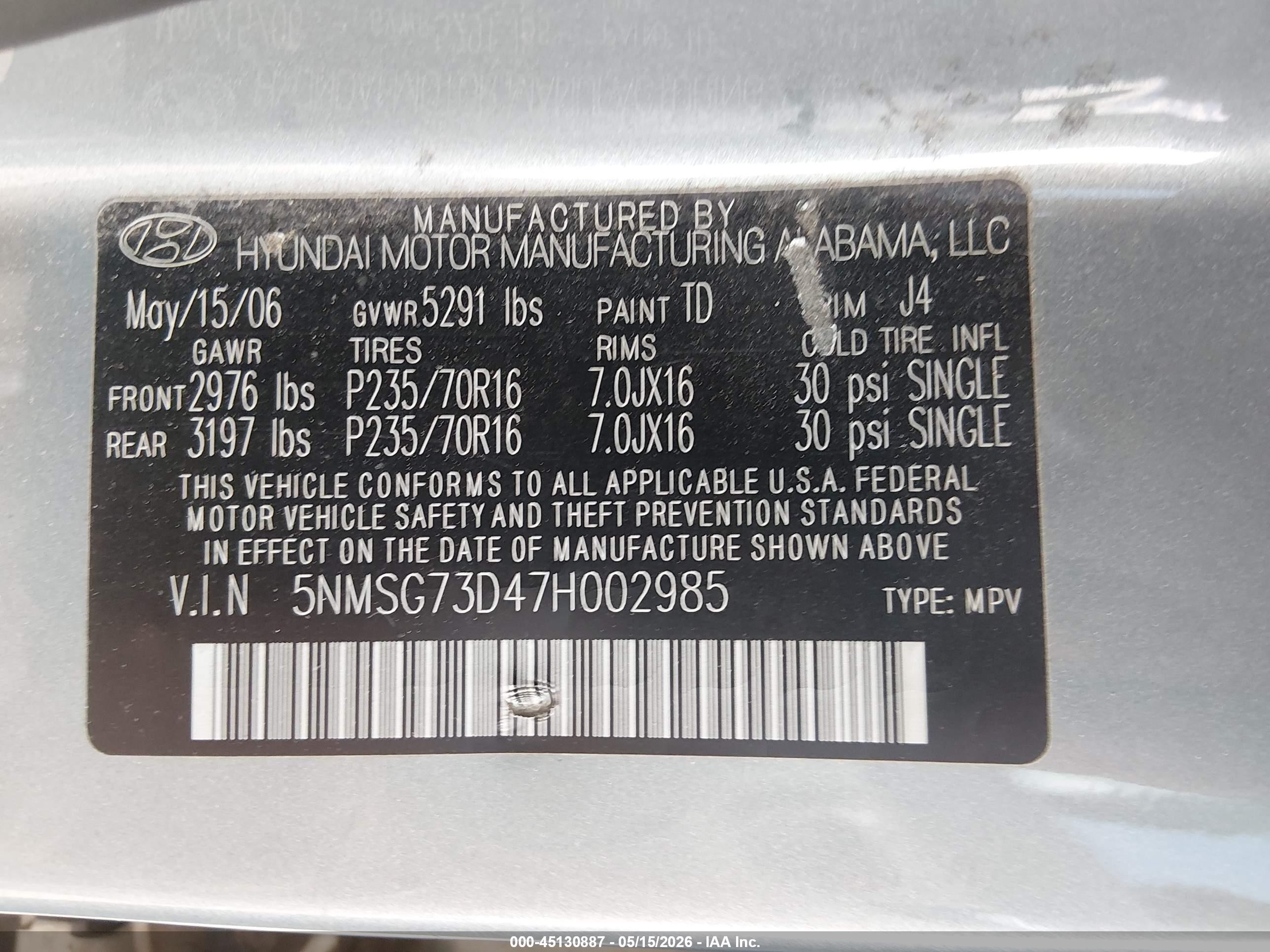2007 Hyundai Santa Fe Gls Gray vin: 5NMSG73D47H002985