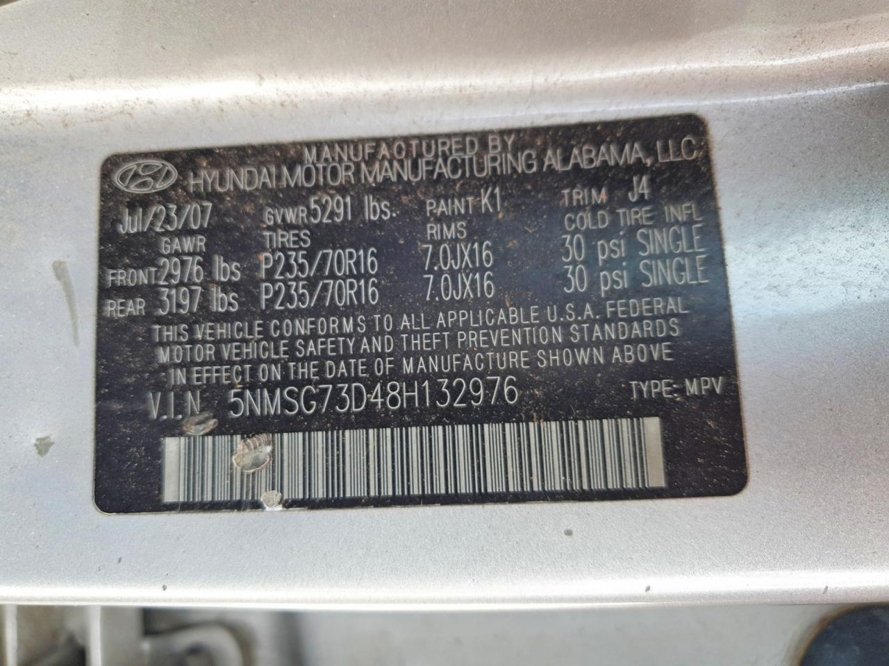 2008 Hyundai Santa Fe Gls Silver vin: 5NMSG73D48H132976