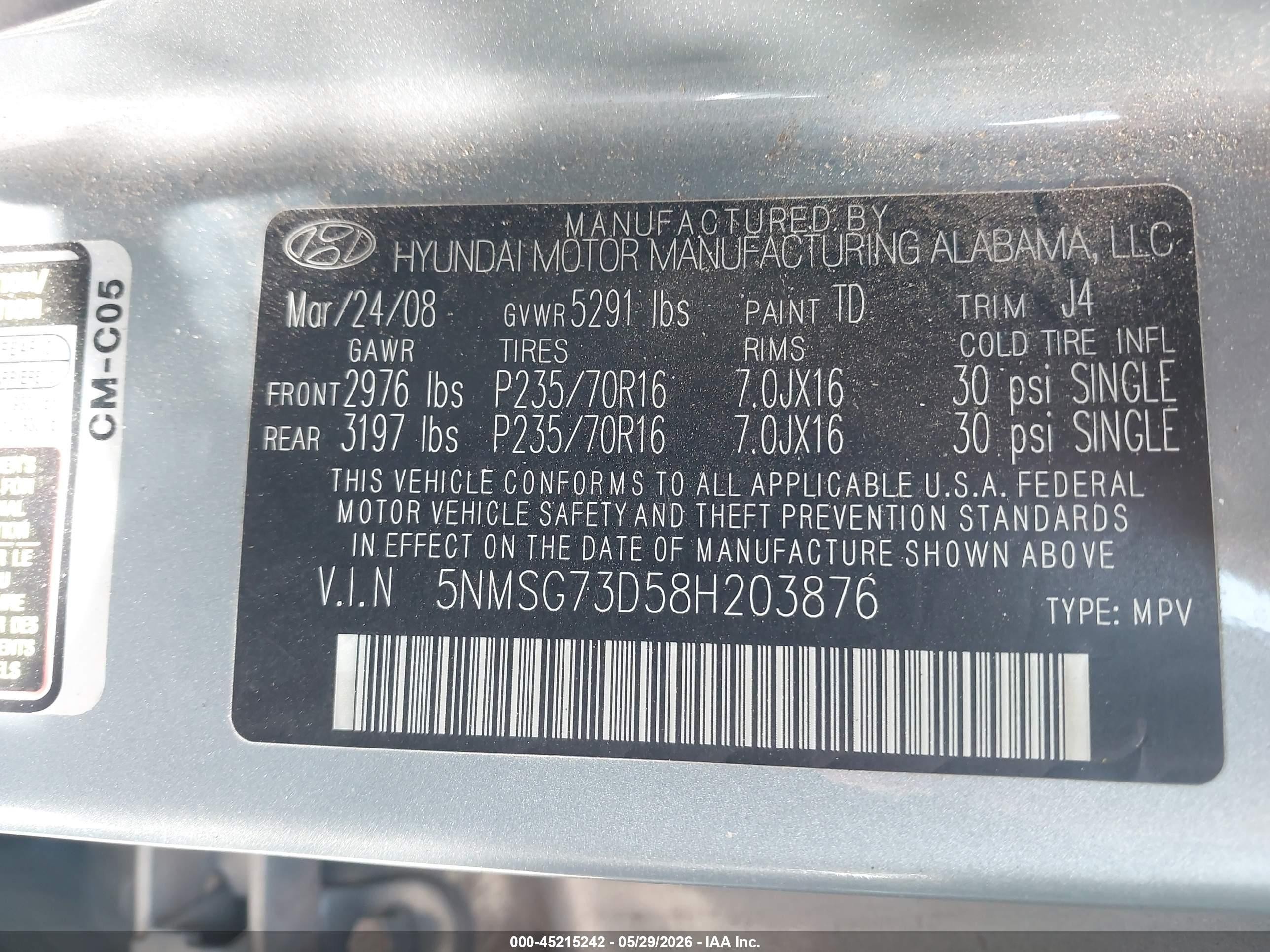 2008 Hyundai Santa Fe Gls Pewter vin: 5NMSG73D58H203876