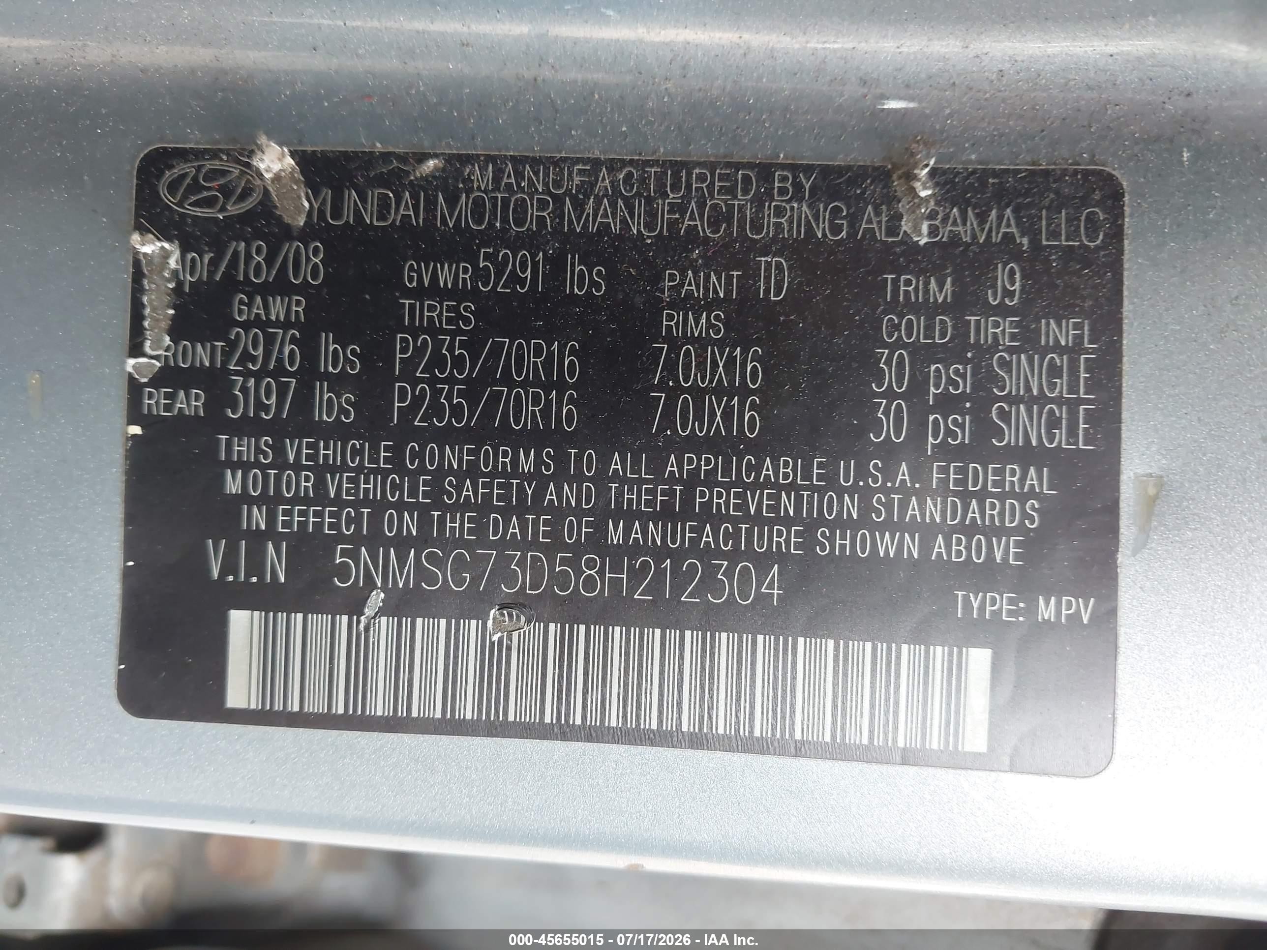 2008 Hyundai Santa Fe Gls Blue vin: 5NMSG73D58H212304