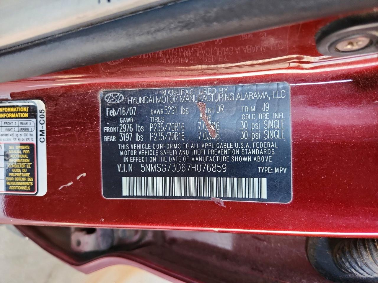 2007 Hyundai Santa Fe Gls Burgundy vin: 5NMSG73D67H076859