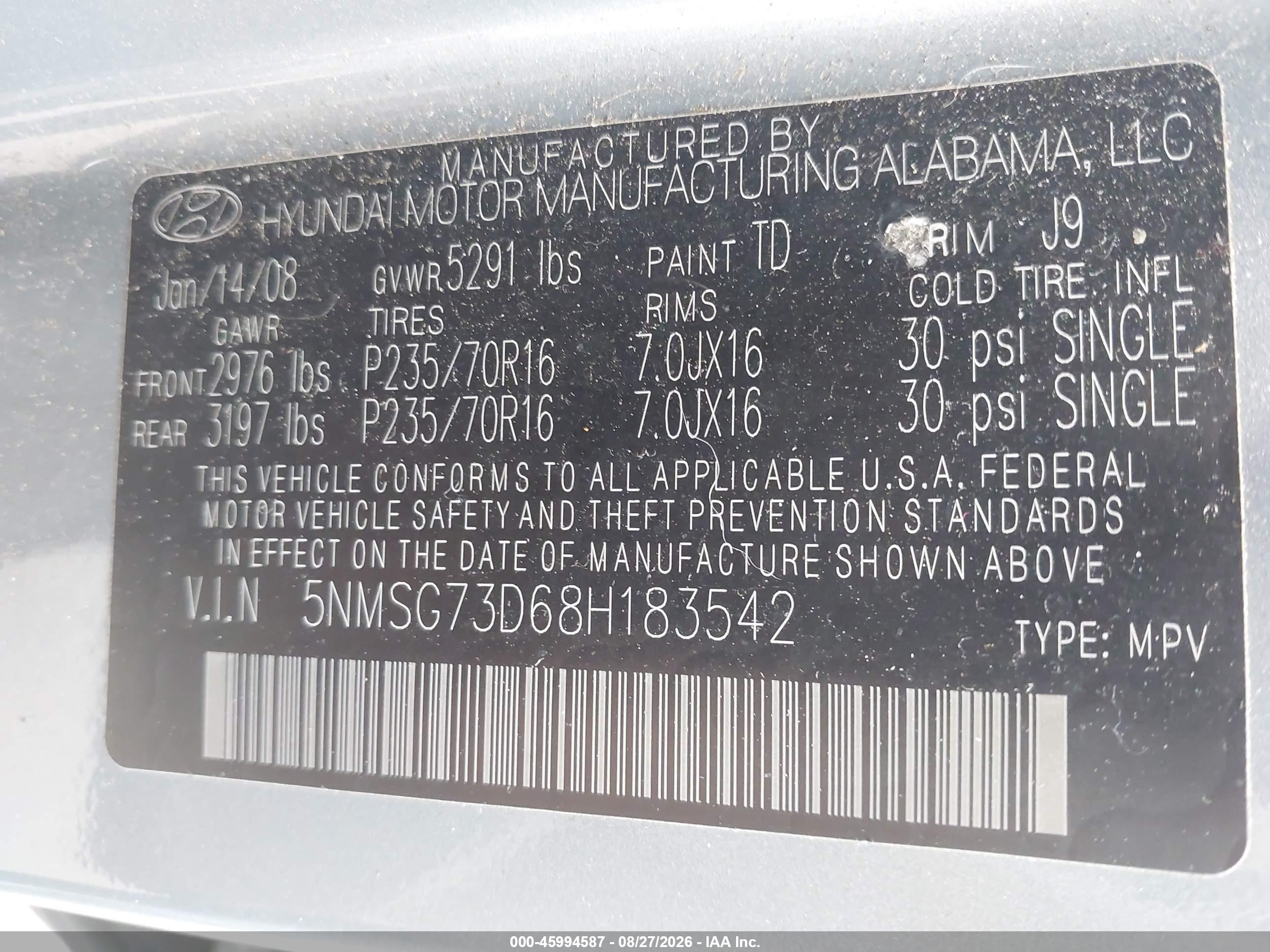 2008 Hyundai Santa Fe Gls Light Blue vin: 5NMSG73D68H183542