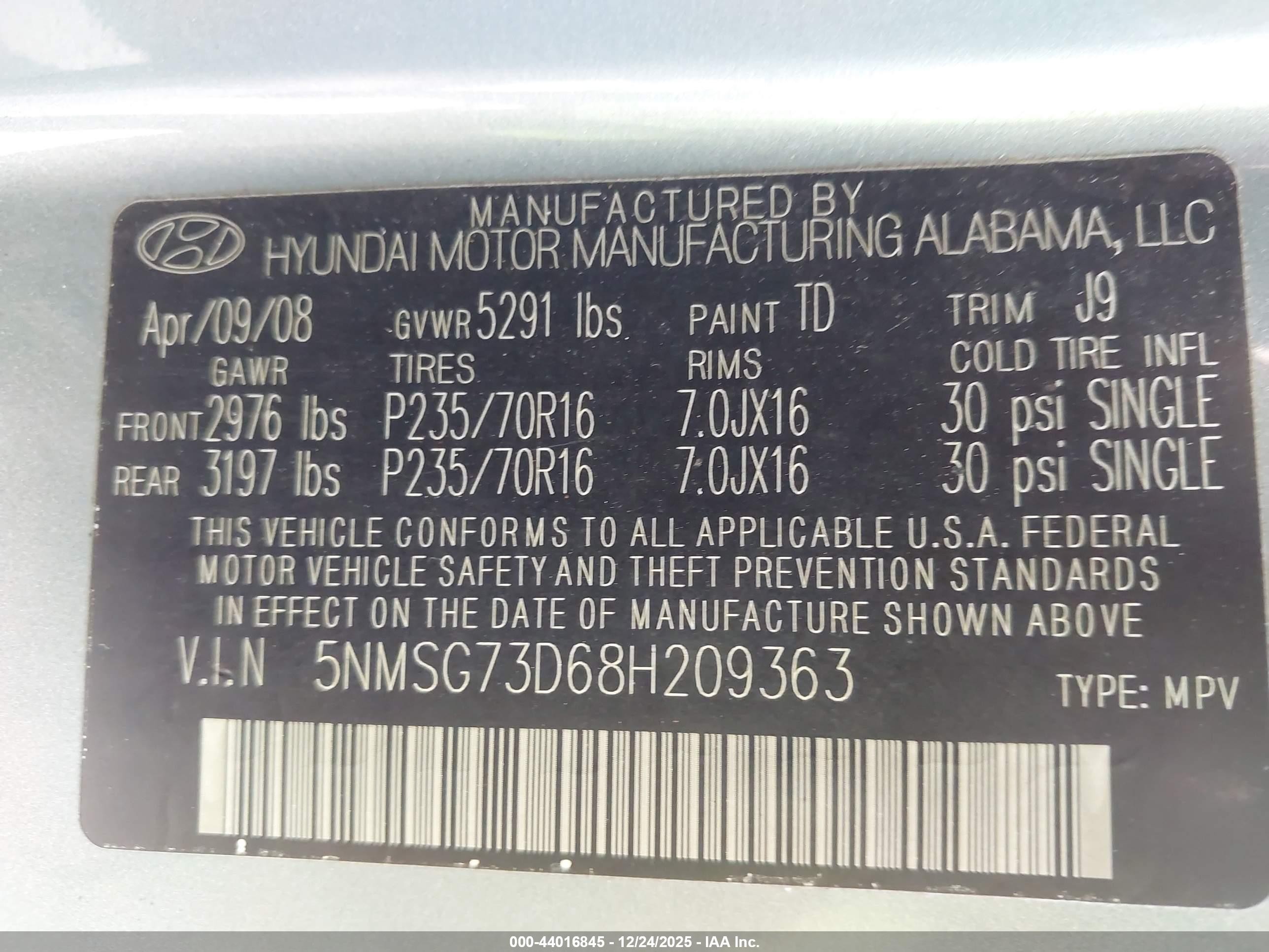 2008 Hyundai Santa Fe Gls Light Blue vin: 5NMSG73D68H209363