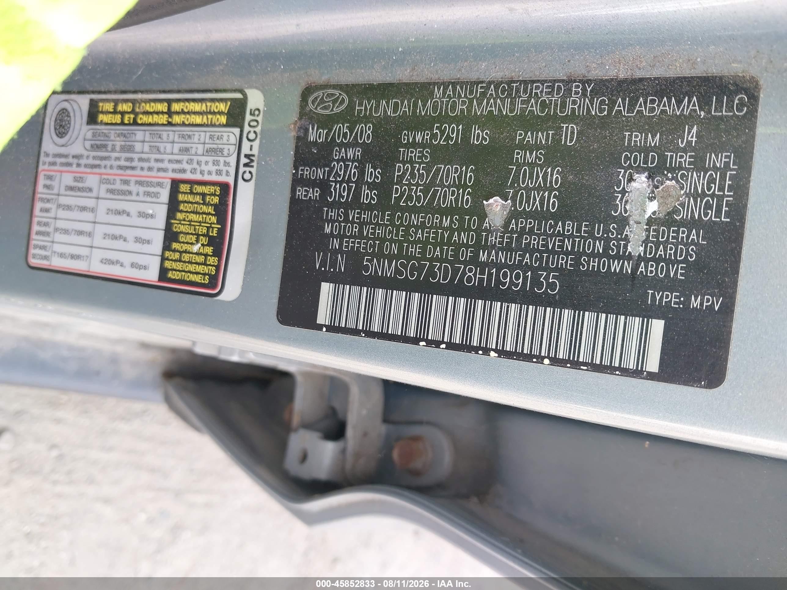 2008 Hyundai Santa Fe Gls Silver vin: 5NMSG73D78H199135