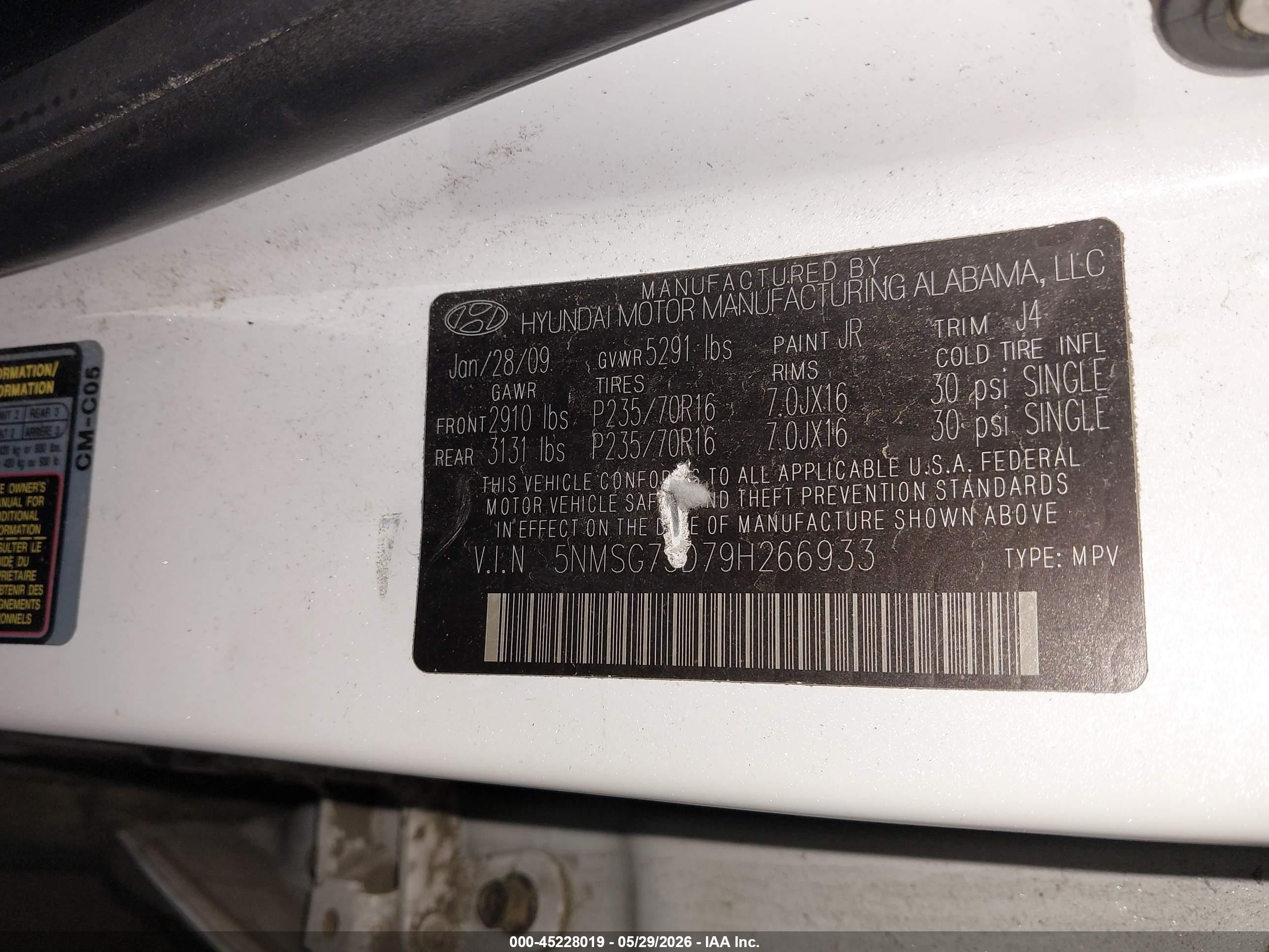 2009 Hyundai Santa Fe Gls White vin: 5NMSG73D79H266933