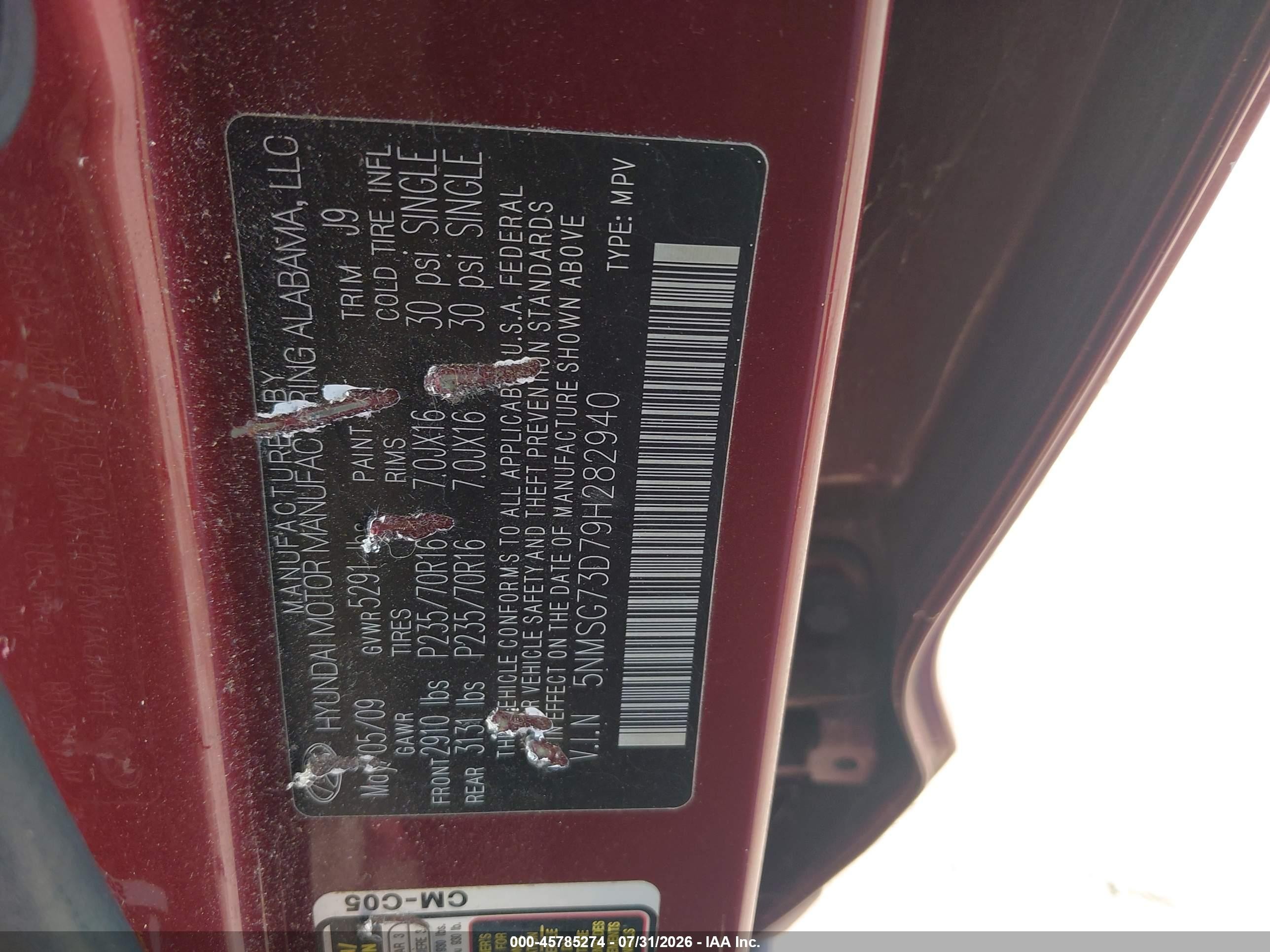 2009 Hyundai Santa Fe Gls Burgundy vin: 5NMSG73D79H282940