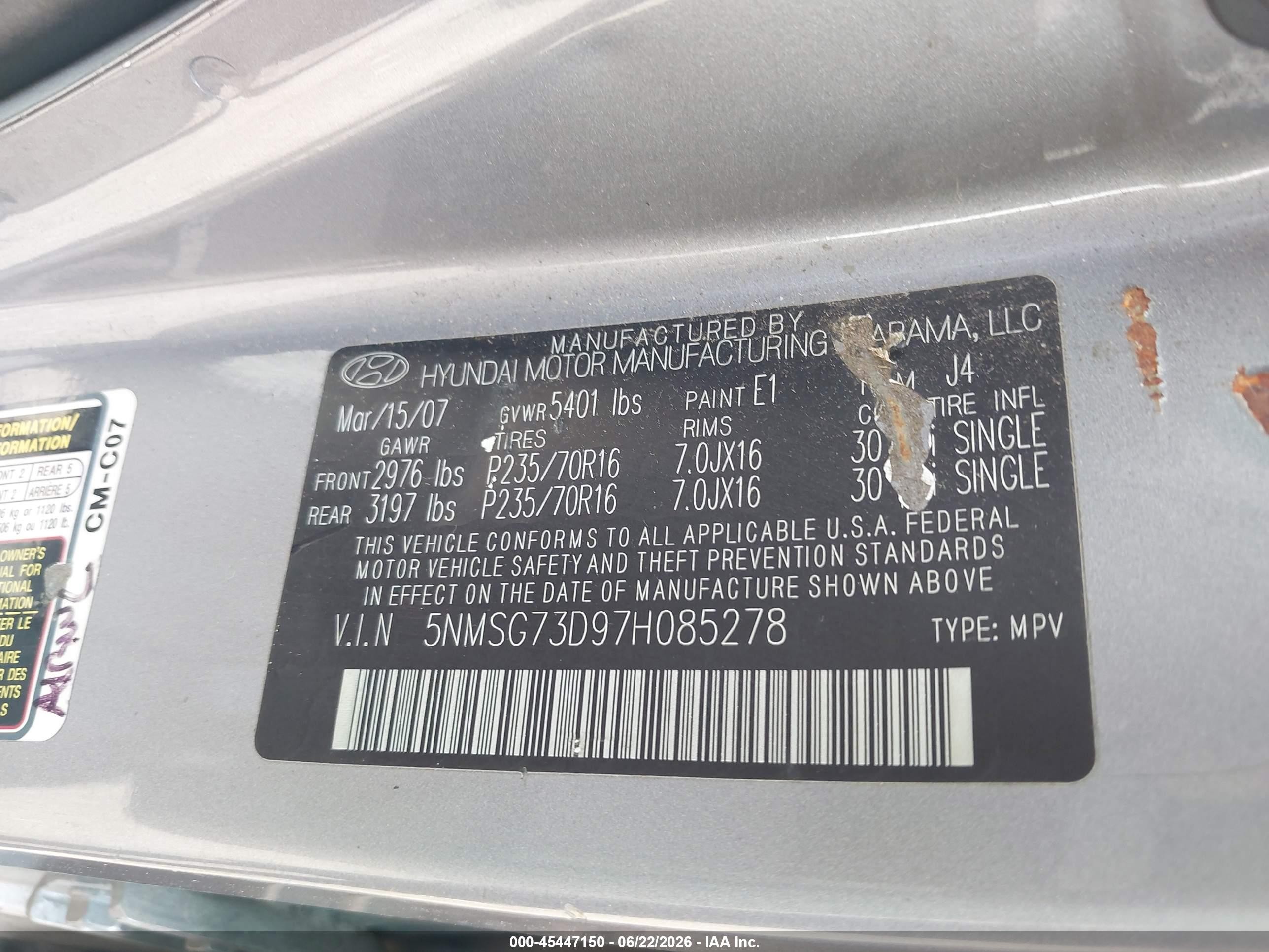 2007 Hyundai Santa Fe Gls Silver vin: 5NMSG73D97H085278