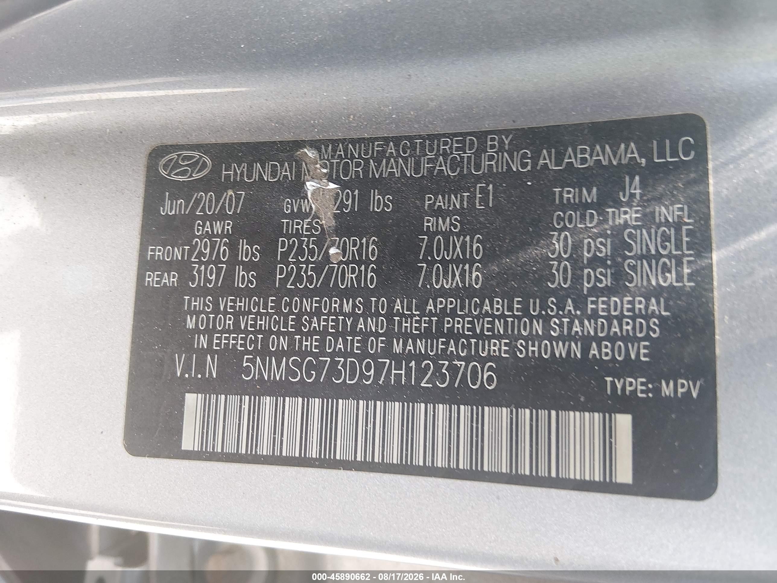 2007 Hyundai Santa Fe Gls Gray vin: 5NMSG73D97H123706