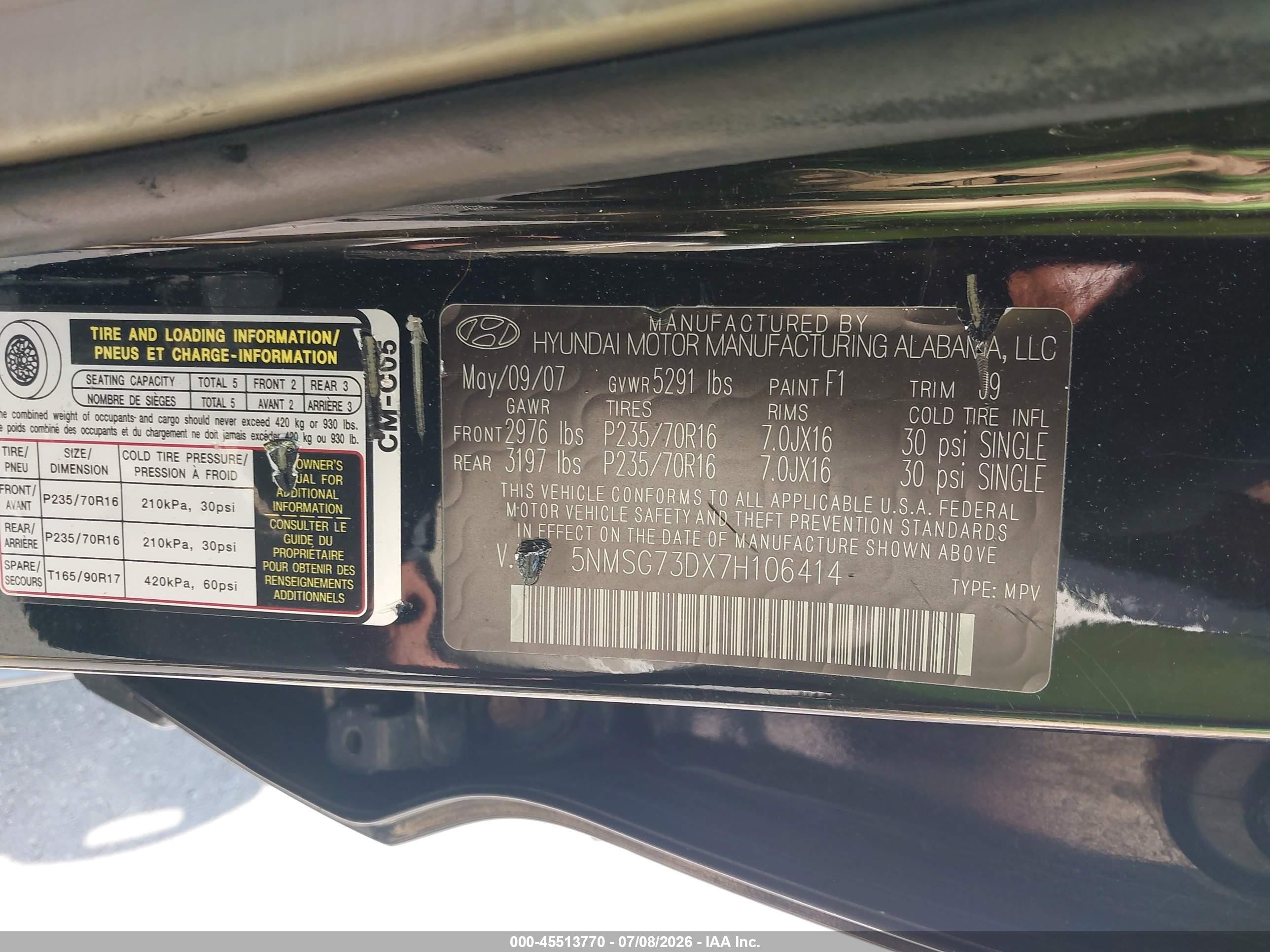 2007 Hyundai Santa Fe Gls Black vin: 5NMSG73DX7H106414