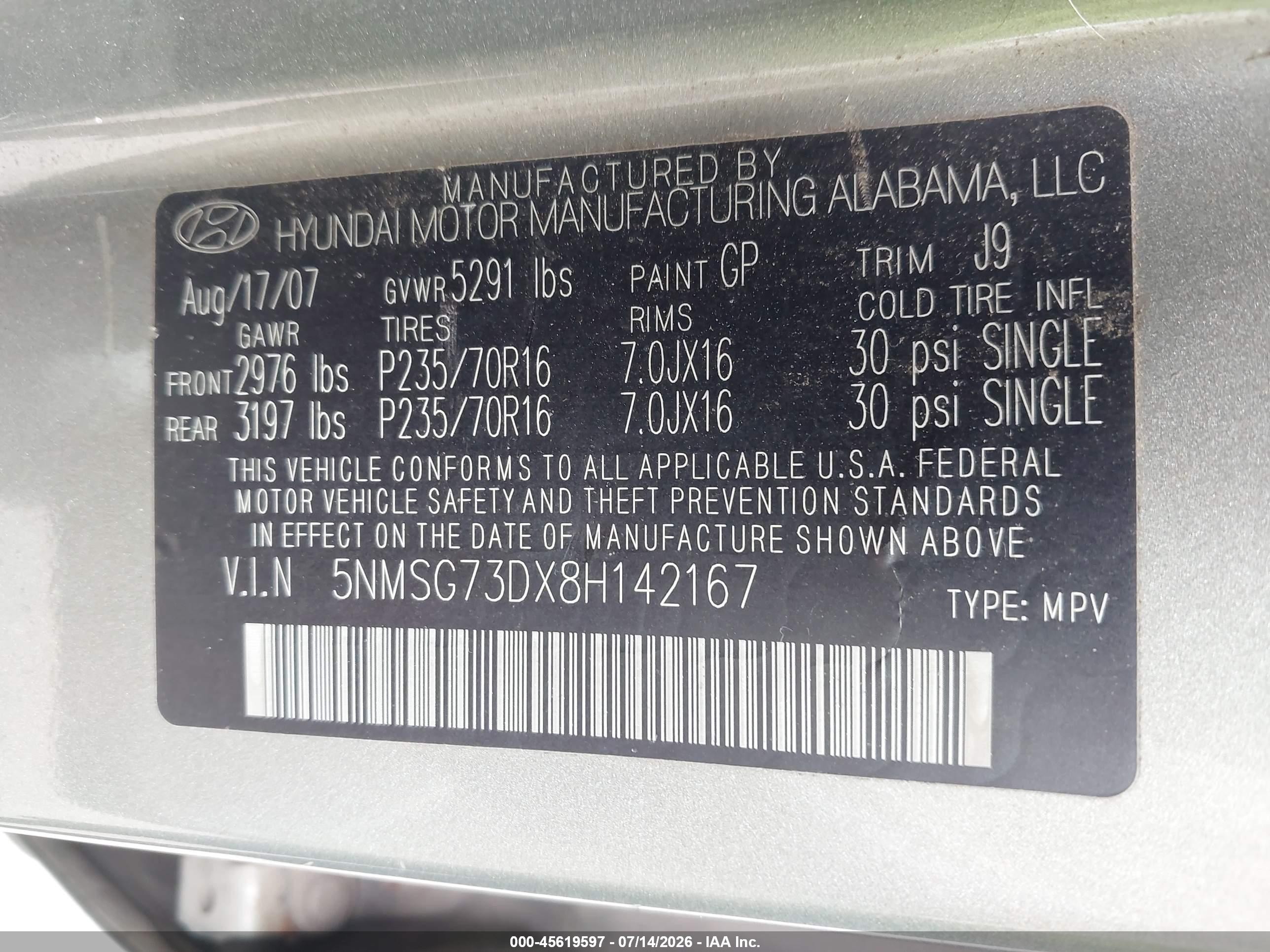 2008 Hyundai Santa Fe Gls Gray vin: 5NMSG73DX8H142167