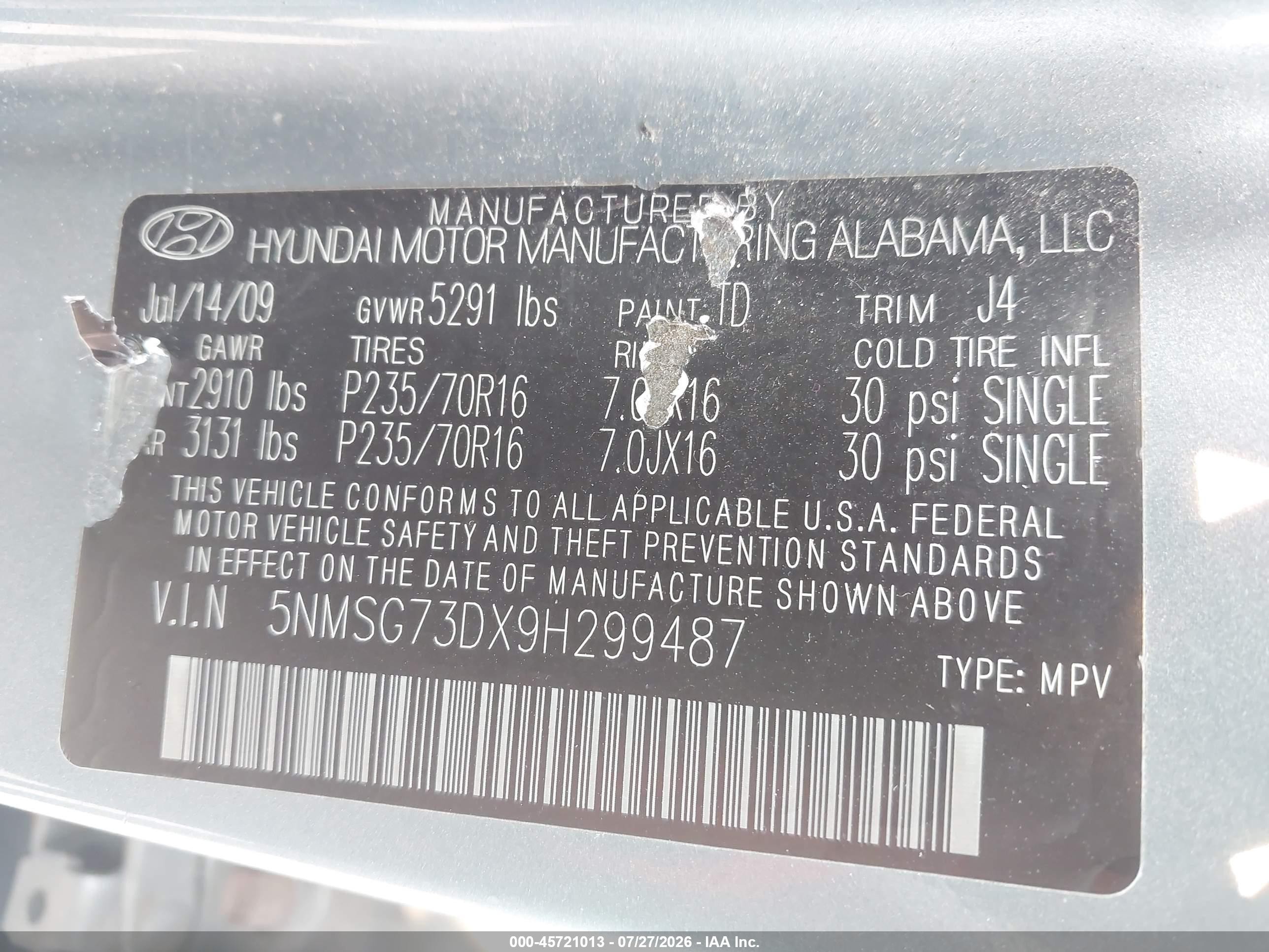 2009 Hyundai Santa Fe Gls Blue vin: 5NMSG73DX9H299487