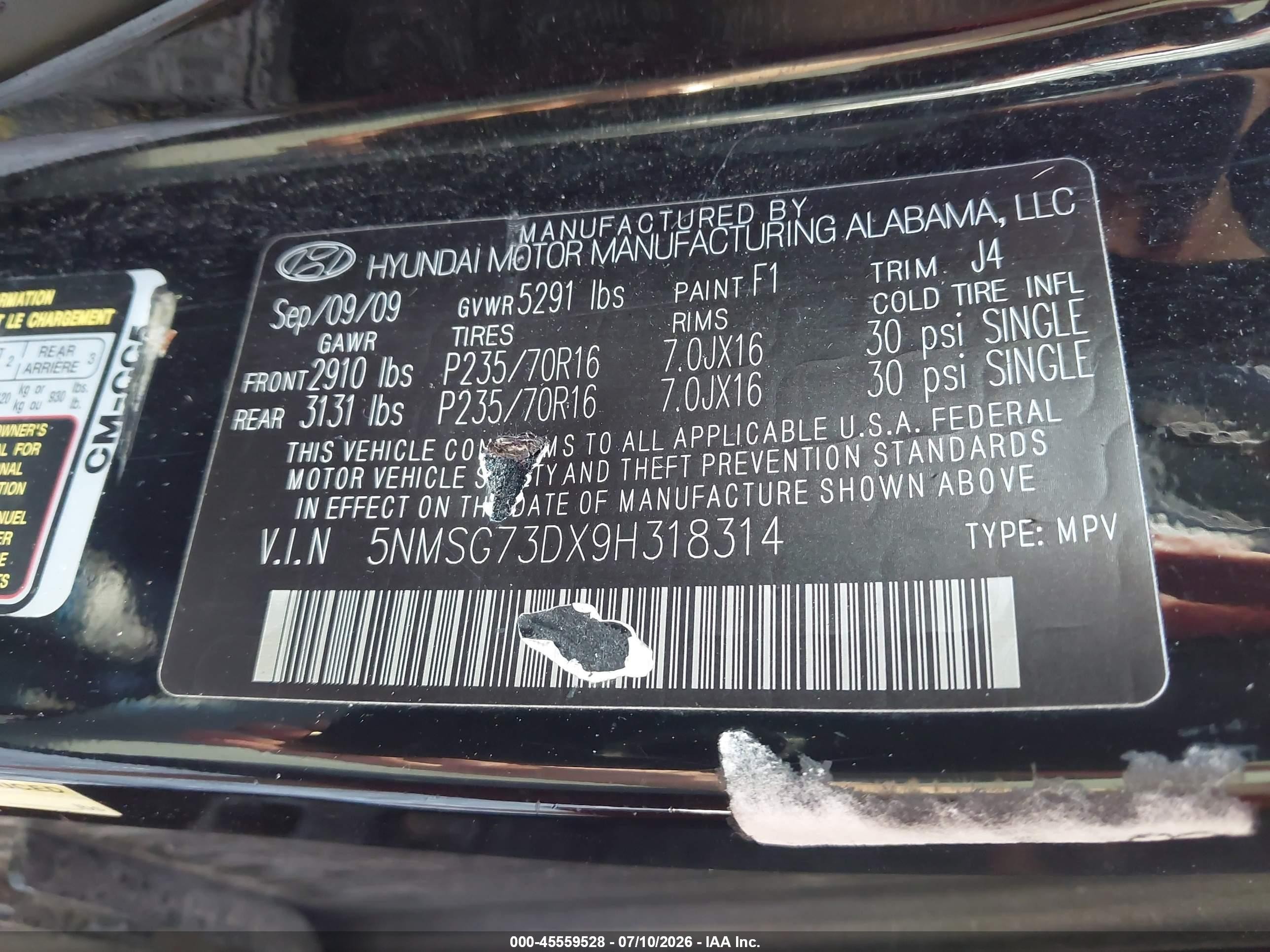 2009 Hyundai Santa Fe Gls Black vin: 5NMSG73DX9H318314