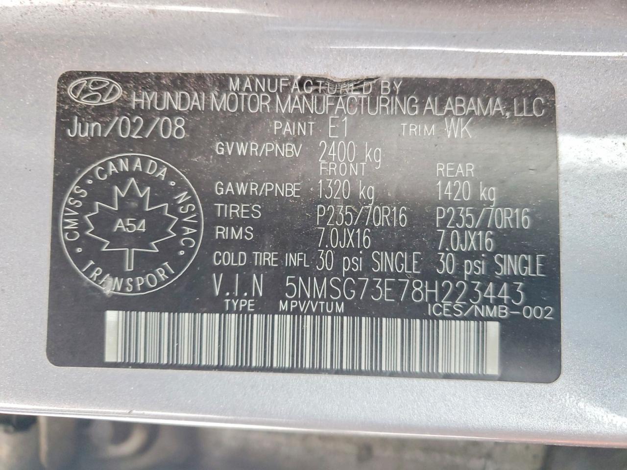 2008 Hyundai Santa Fe Gl Gray vin: 5NMSG73E78H223443