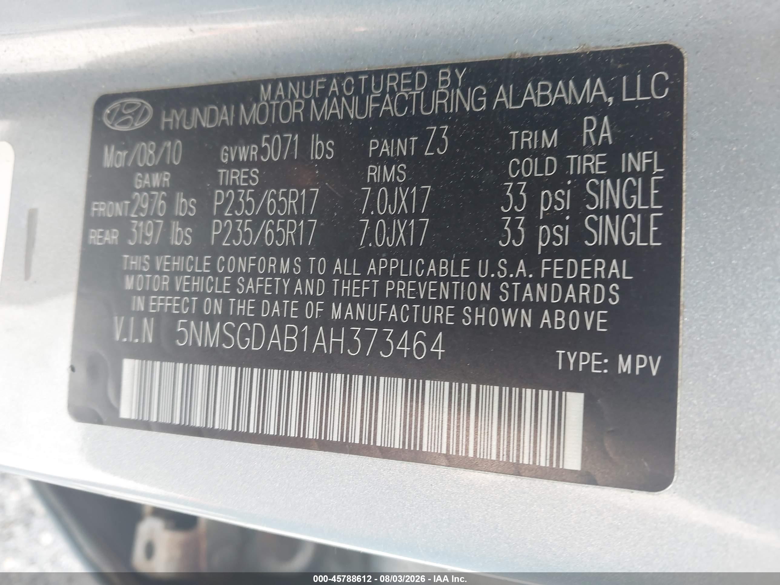 2010 Hyundai Santa Fe Gls Light Blue vin: 5NMSGDAB1AH373464