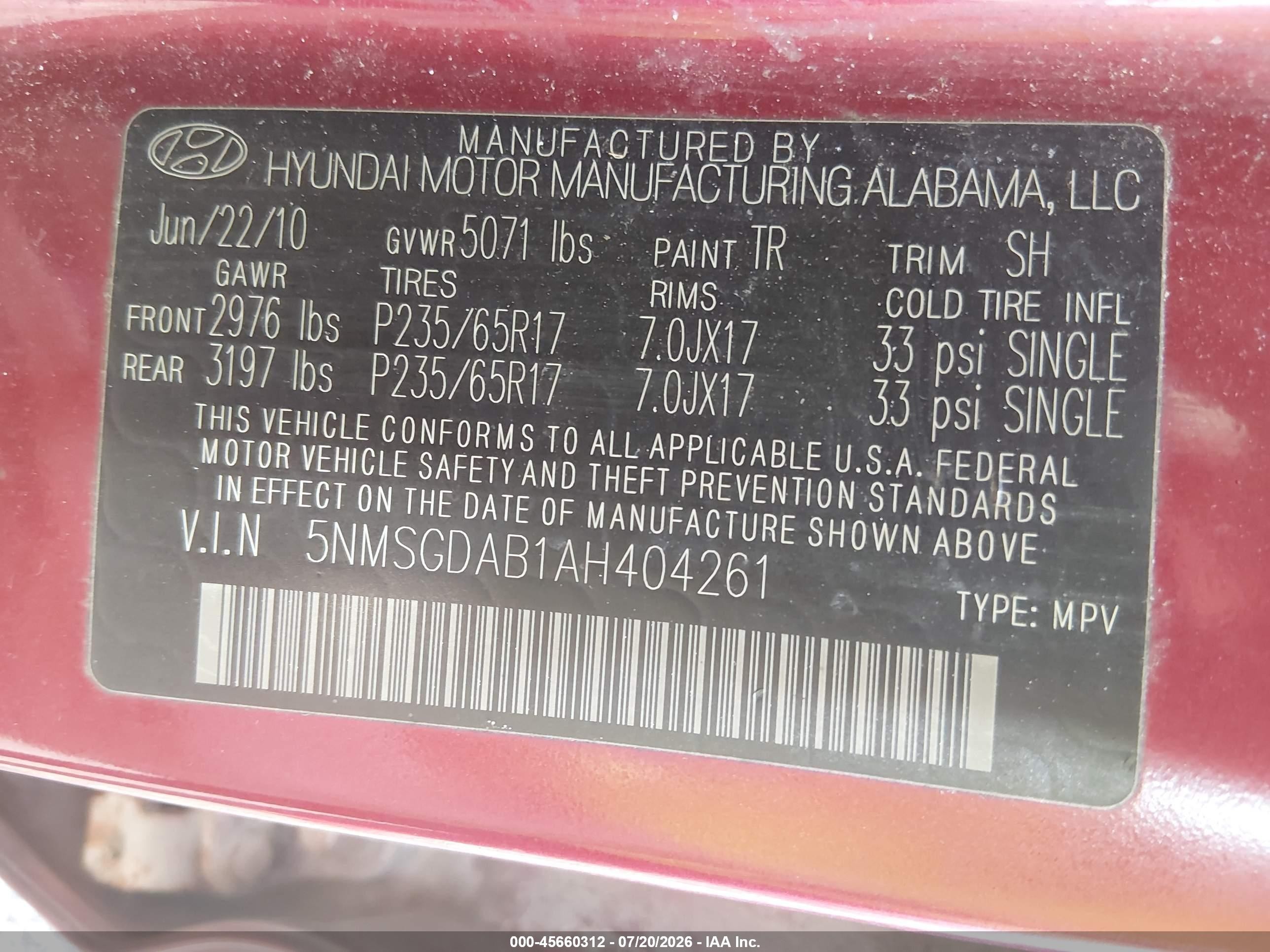 2010 Hyundai Santa Fe Gls Red vin: 5NMSGDAB1AH404261