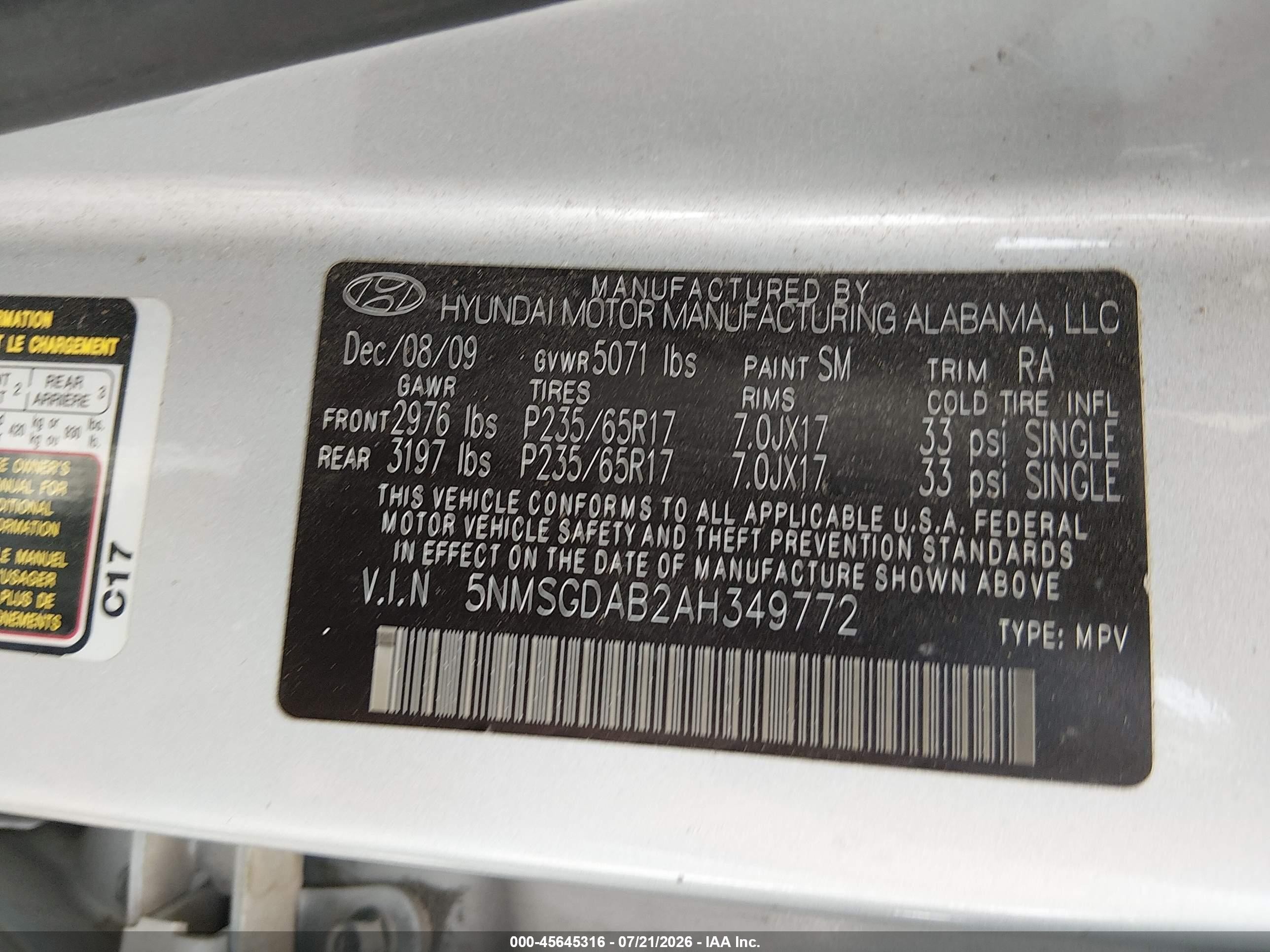 2010 Hyundai Santa Fe Gls Silver vin: 5NMSGDAB2AH349772