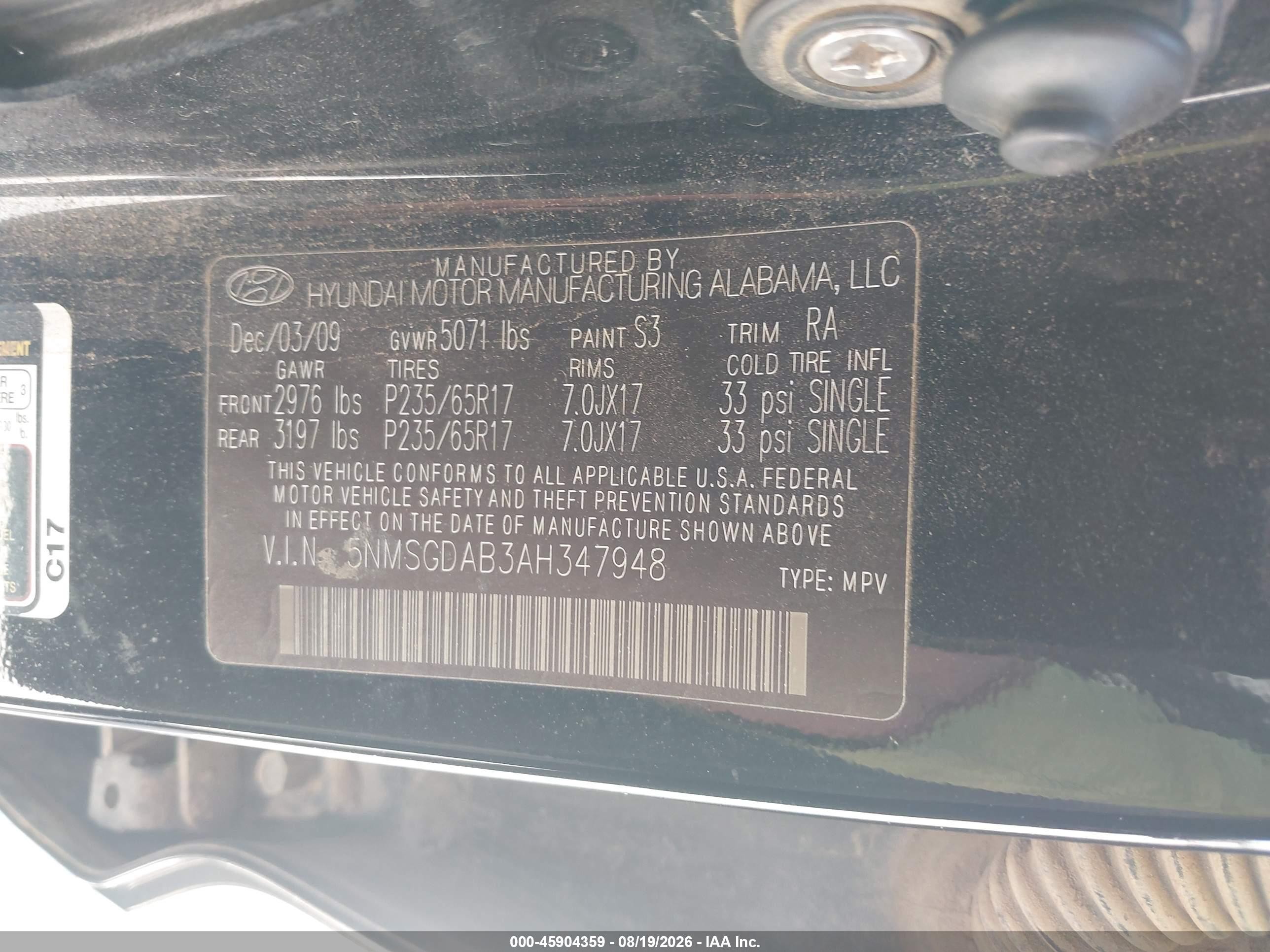 2010 Hyundai Santa Fe Gls Black vin: 5NMSGDAB3AH347948