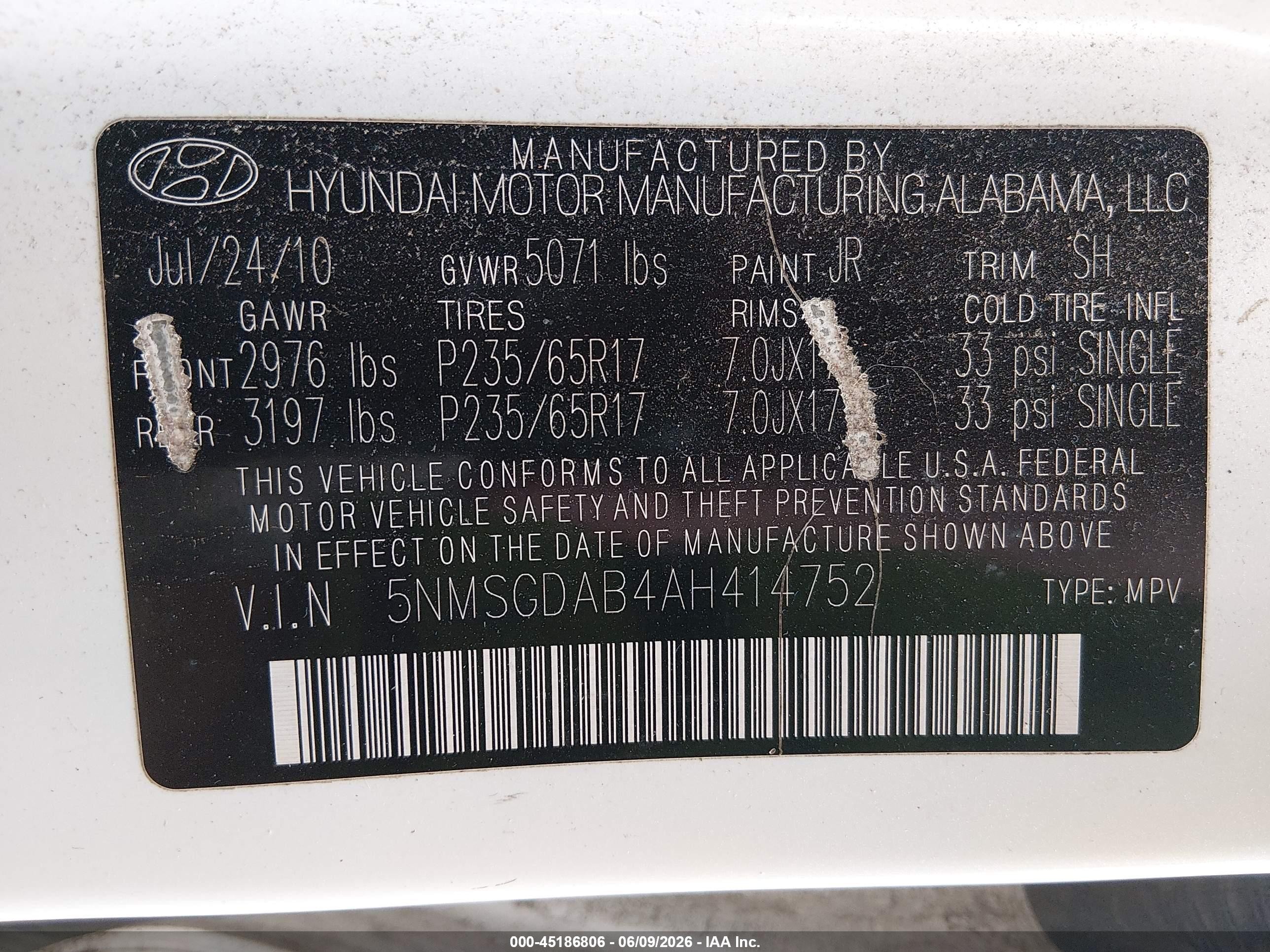 2010 Hyundai Santa Fe Gls White vin: 5NMSGDAB4AH414752