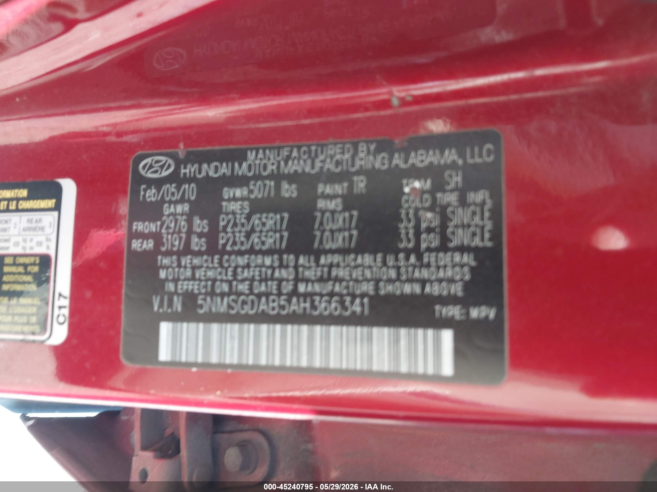 2010 Hyundai Santa Fe Gls Red vin: 5NMSGDAB5AH366341