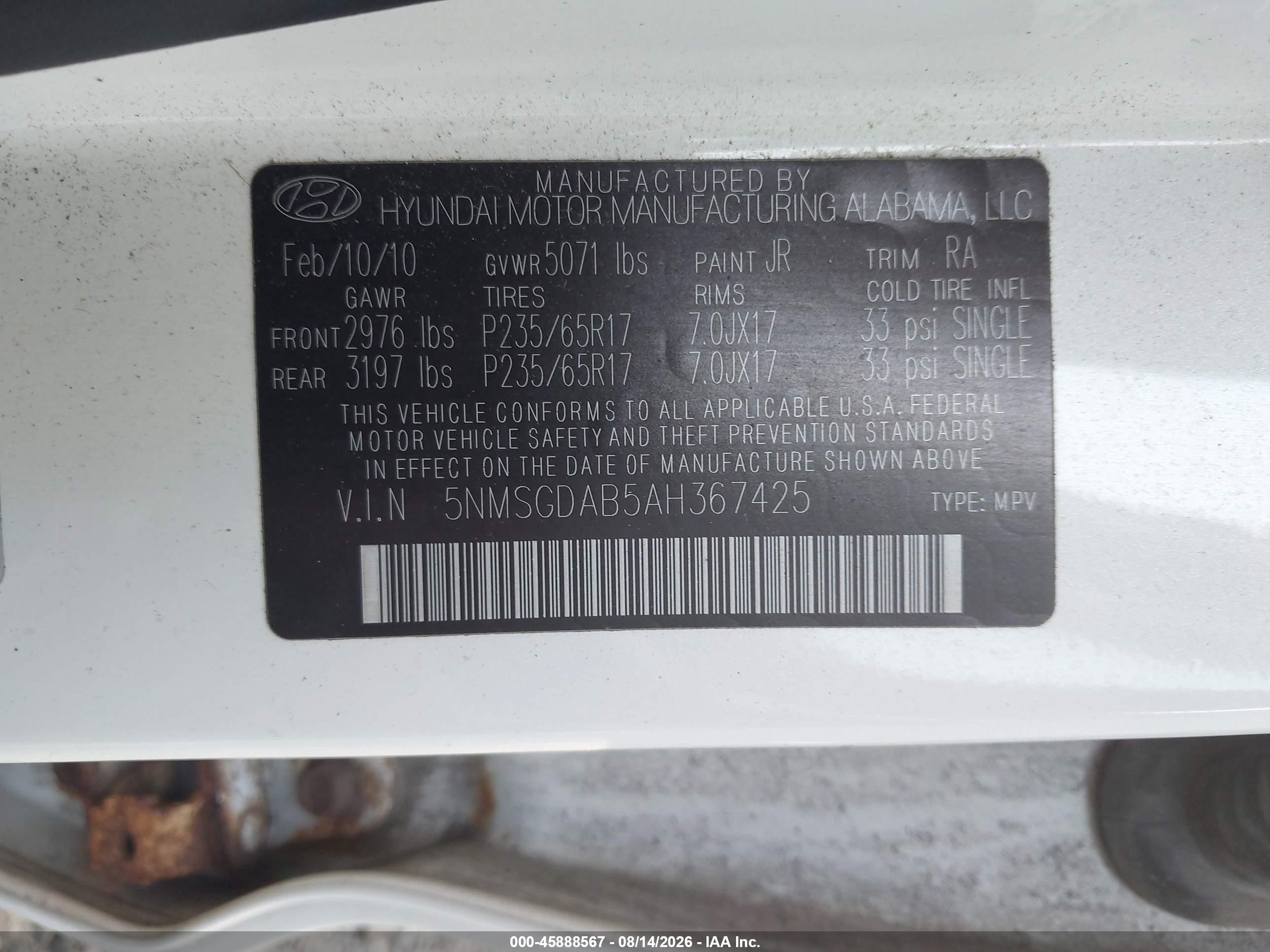 2010 Hyundai Santa Fe Gls White vin: 5NMSGDAB5AH367425