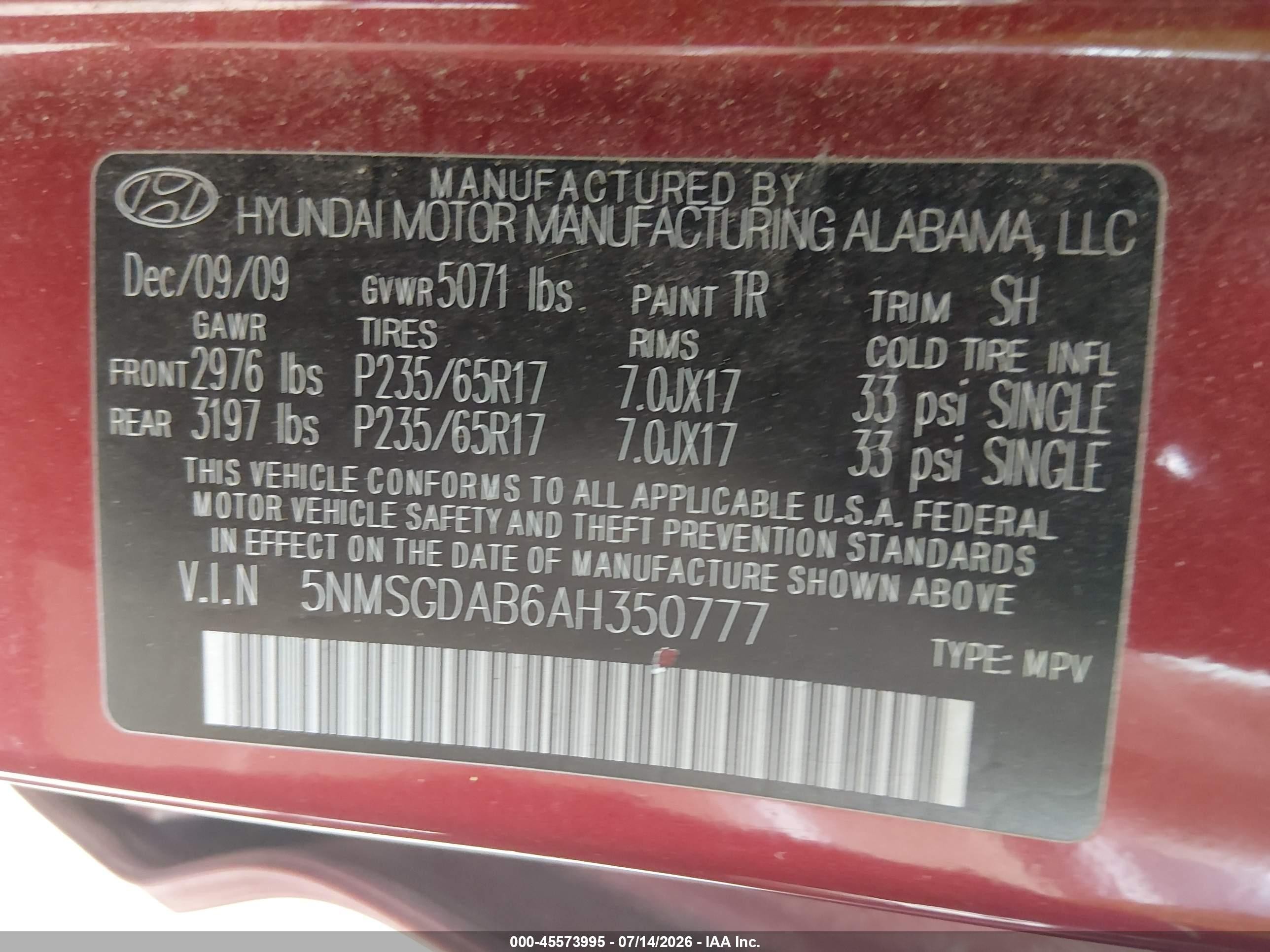 2010 Hyundai Santa Fe Gls Red vin: 5NMSGDAB6AH350777