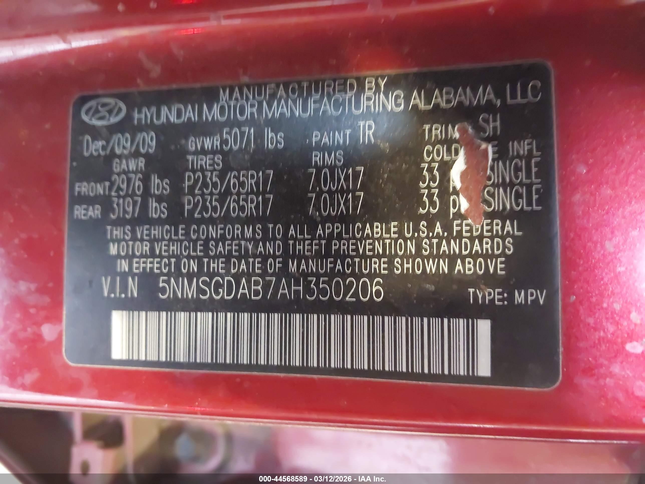 2010 Hyundai Santa Fe Gls Red vin: 5NMSGDAB7AH350206